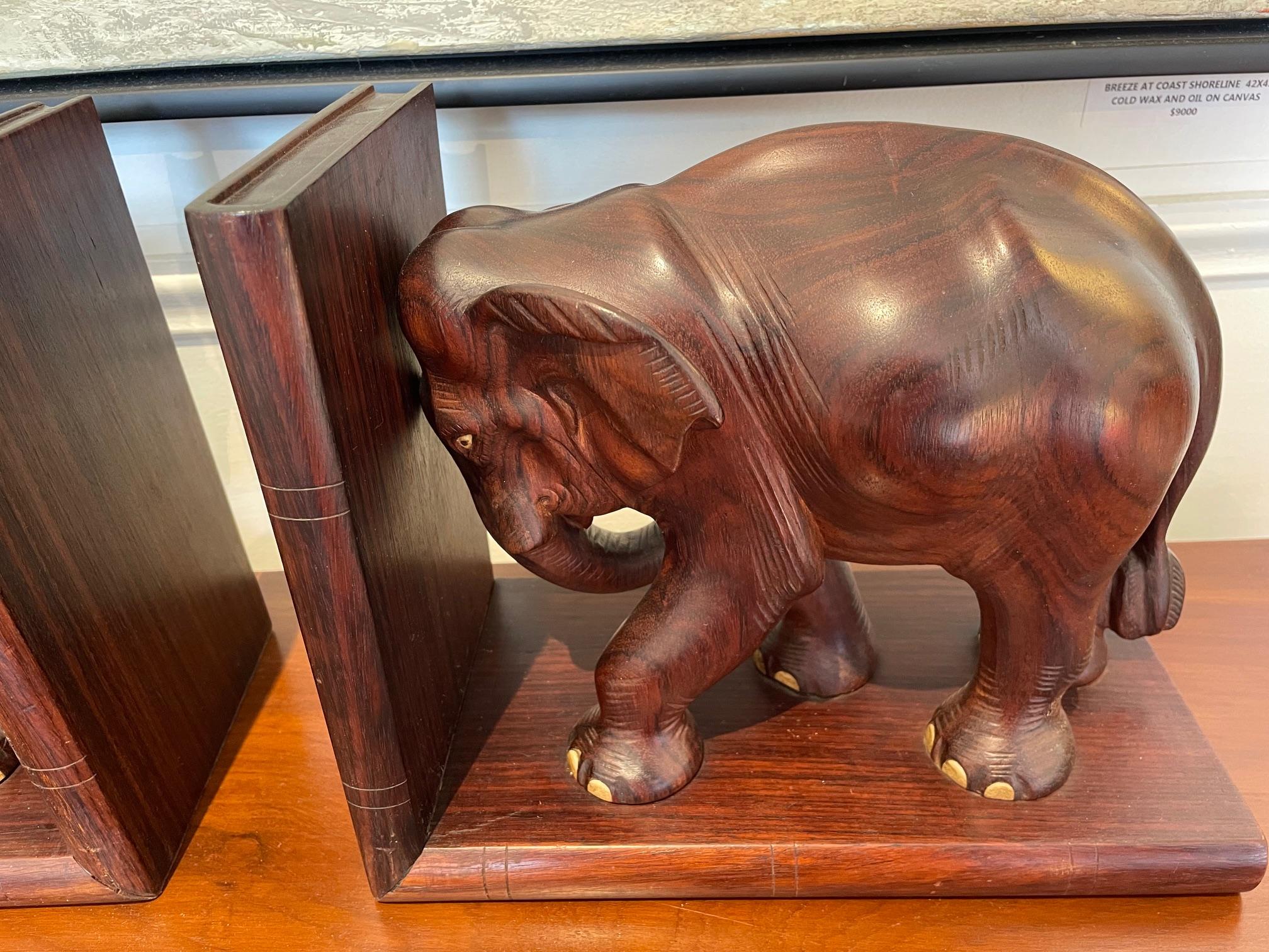 Bohemian Pair of Carved Rosewood Elephant Bookends