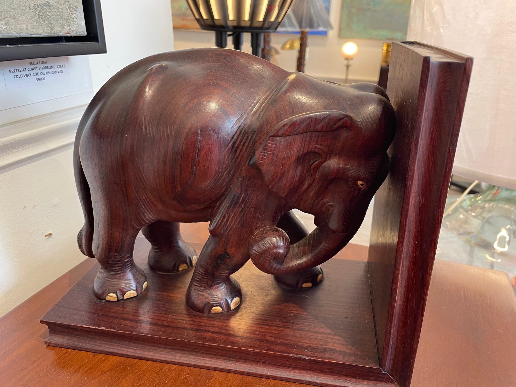 Pair of Carved Rosewood Elephant Bookends In Good Condition In Nantucket, MA