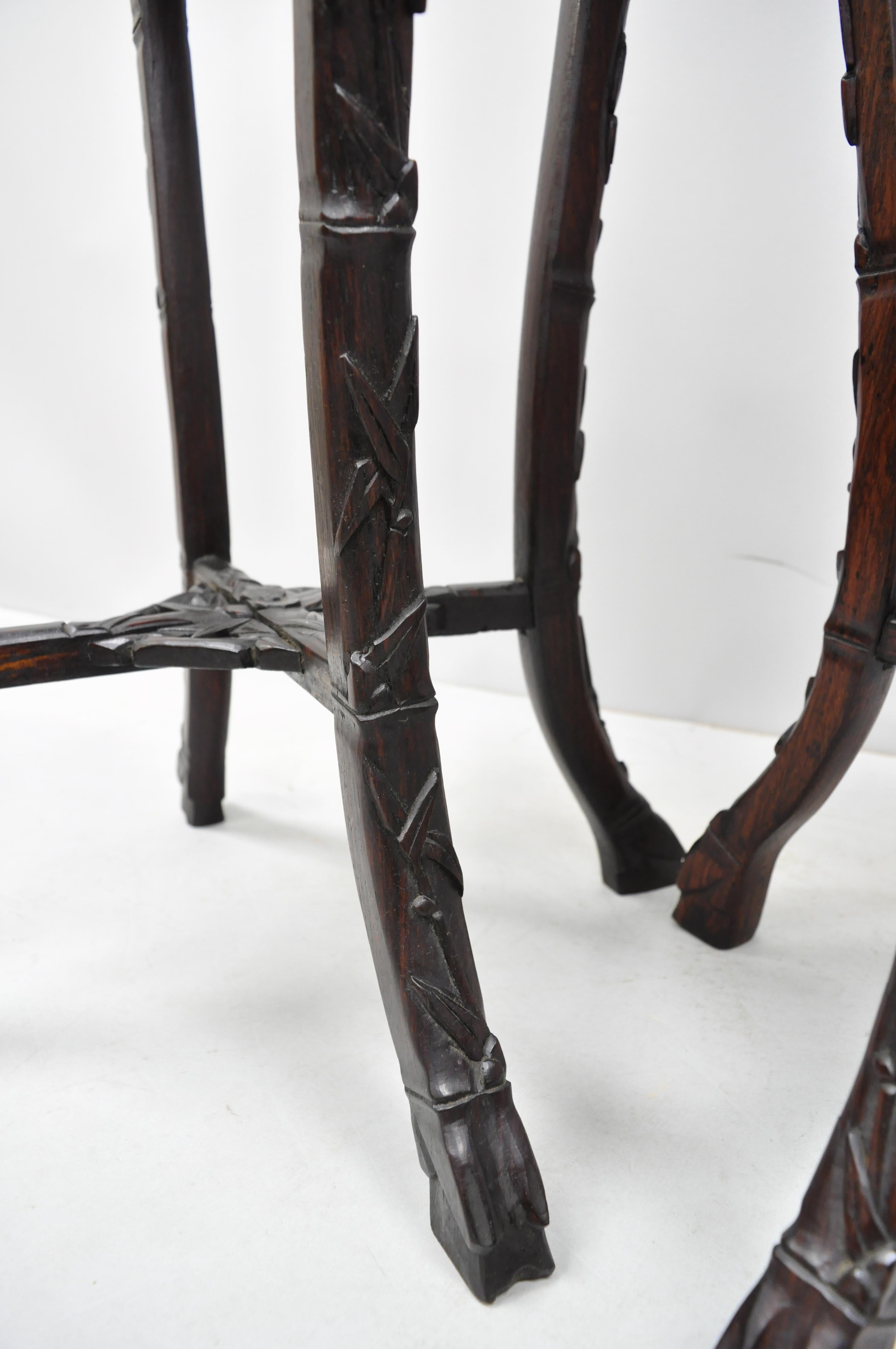 Pair of Carved Rosewood Marble-Top Oriental Pedestal Plant Stand Tables In Good Condition In Philadelphia, PA