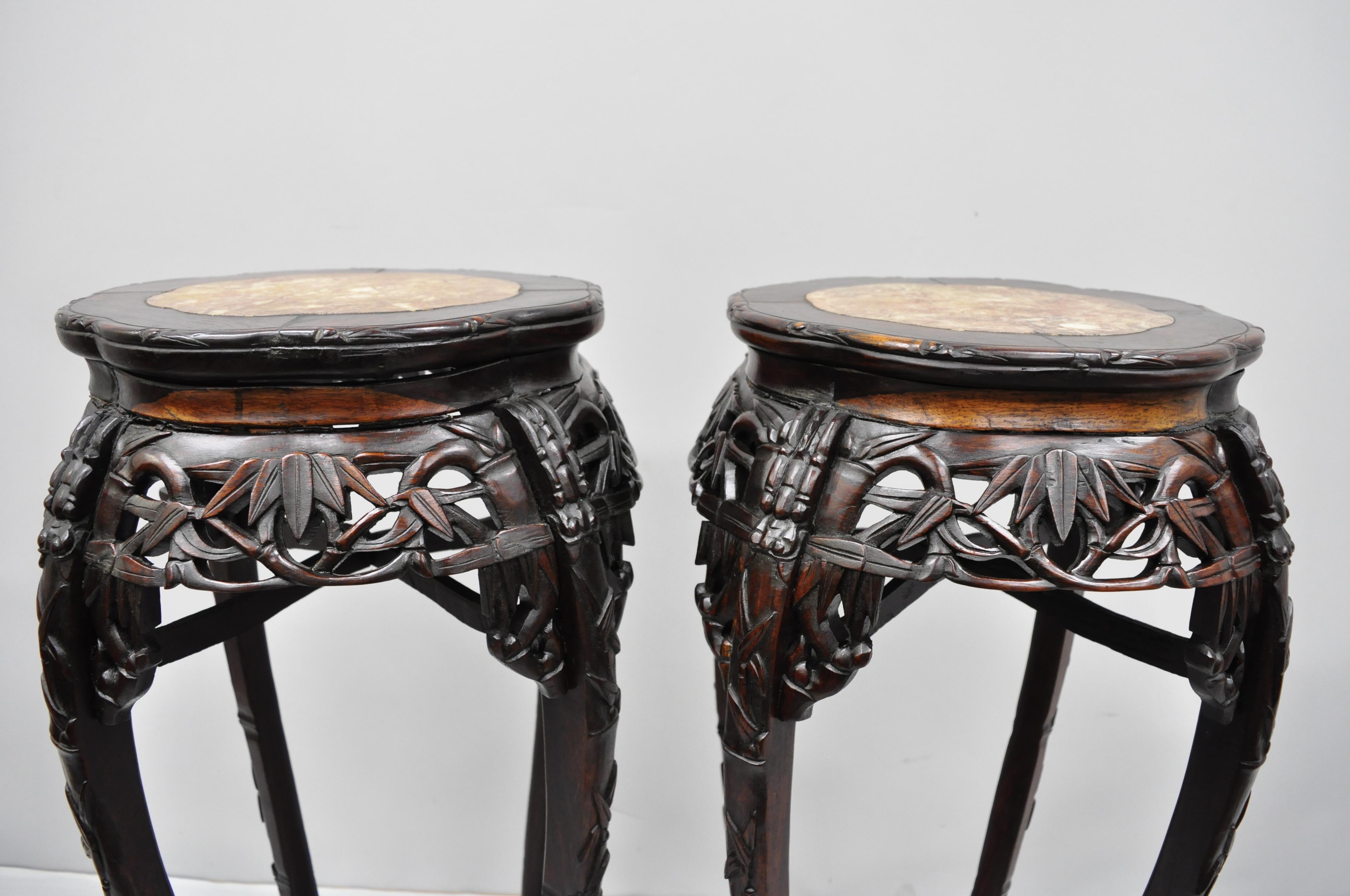 20th Century Pair of Carved Rosewood Marble-Top Oriental Pedestal Plant Stand Tables