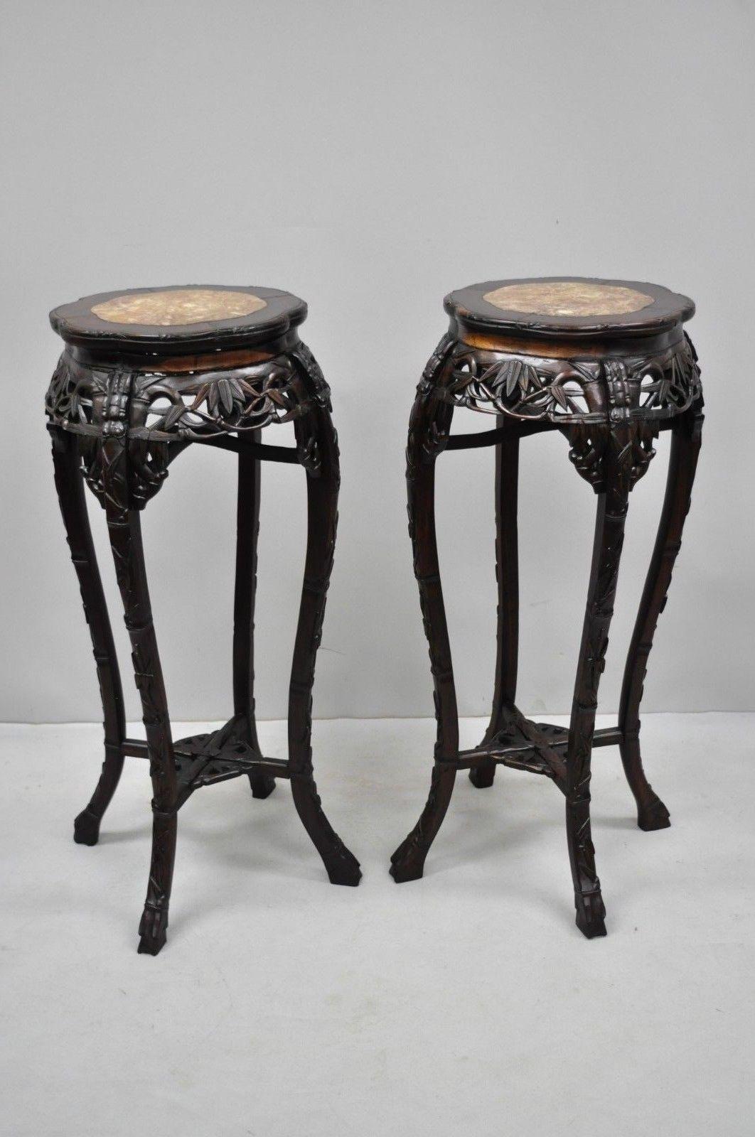 Pair of Carved Rosewood Marble-Top Oriental Pedestal Plant Stand Tables 1