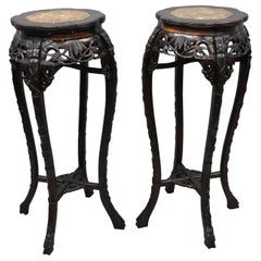 Pair of Carved Rosewood Marble-Top Oriental Pedestal Plant Stand Tables