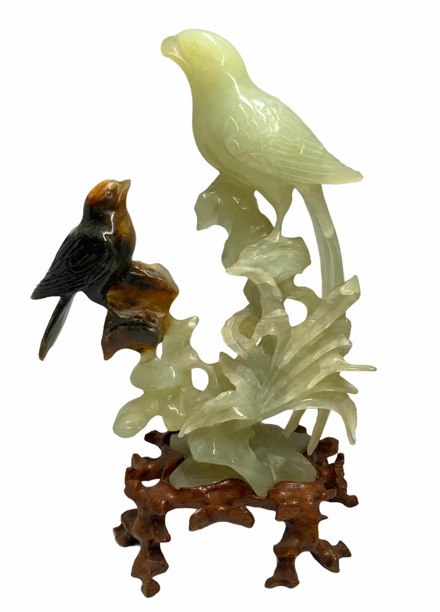 Pair of Carved Russet Jade Bird and Jade Parrot Sculptures 1