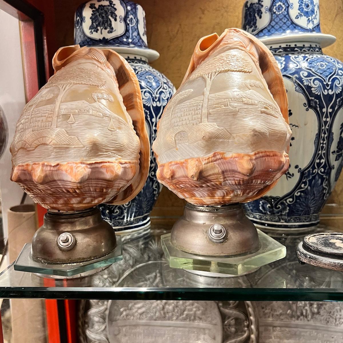 Italian Pair of Carved Shell Cameo Lamps