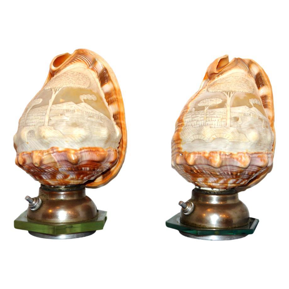 Hand-Carved Pair of Carved Shell Cameo Lamps