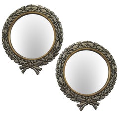 Vintage Pair of Carved Silver Giltwood Wreath Wall Mirrors