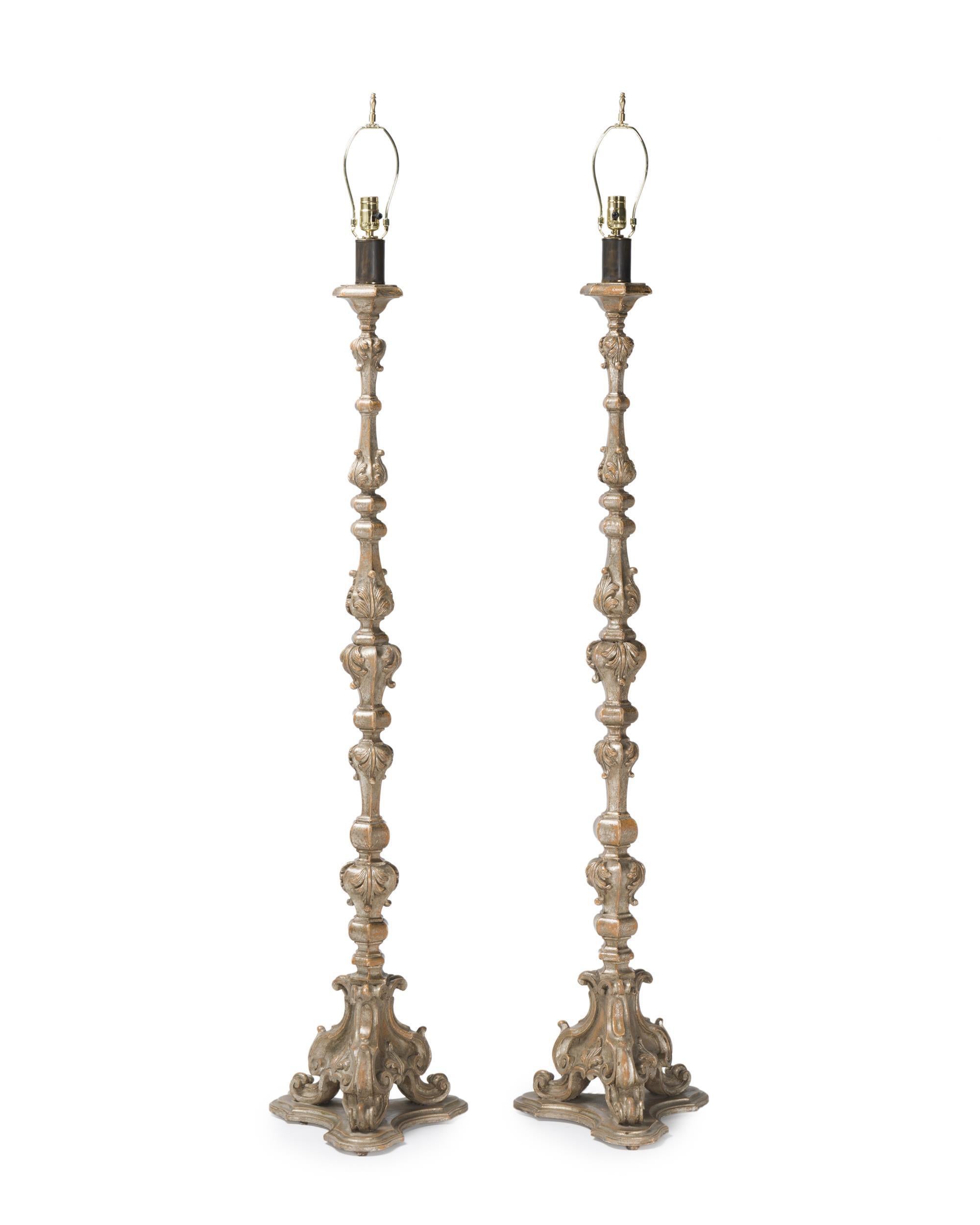 Neoclassical Pair of carved silver Leafed wood torchières floor lamps