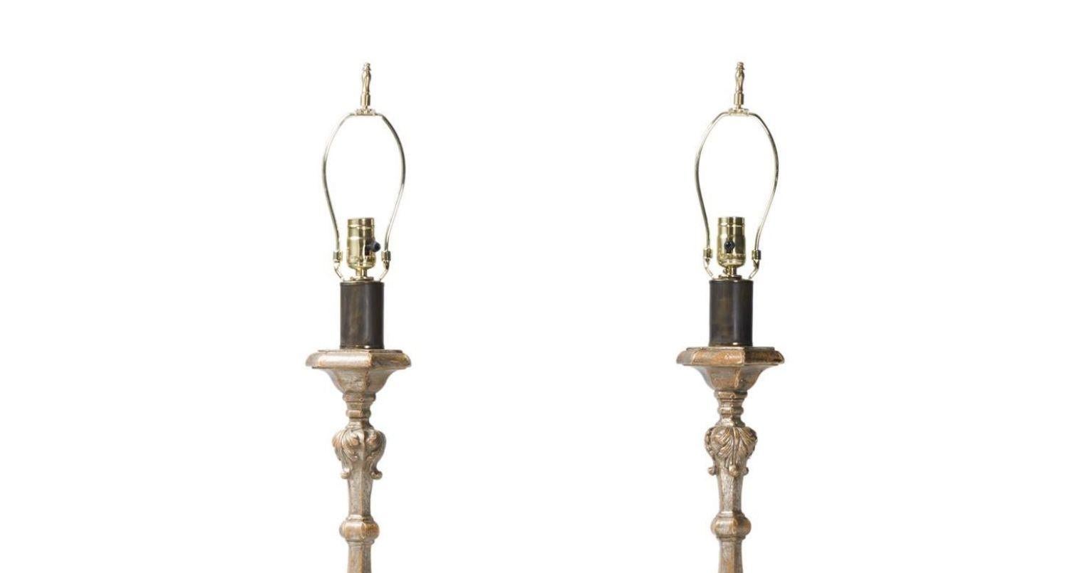 Italian Pair of carved silver Leafed wood torchières floor lamps