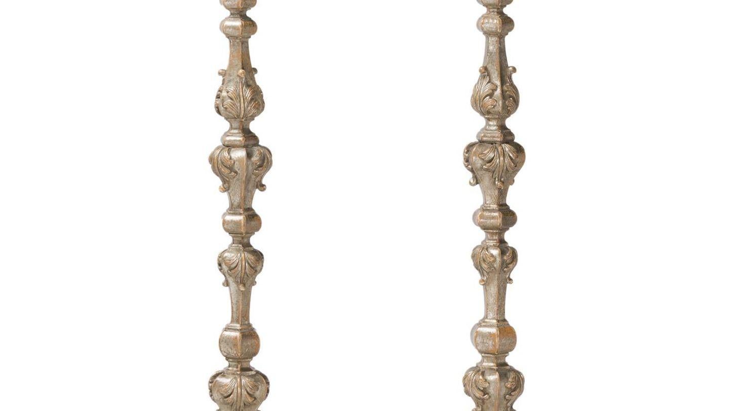 Silvered Pair of carved silver Leafed wood torchières floor lamps
