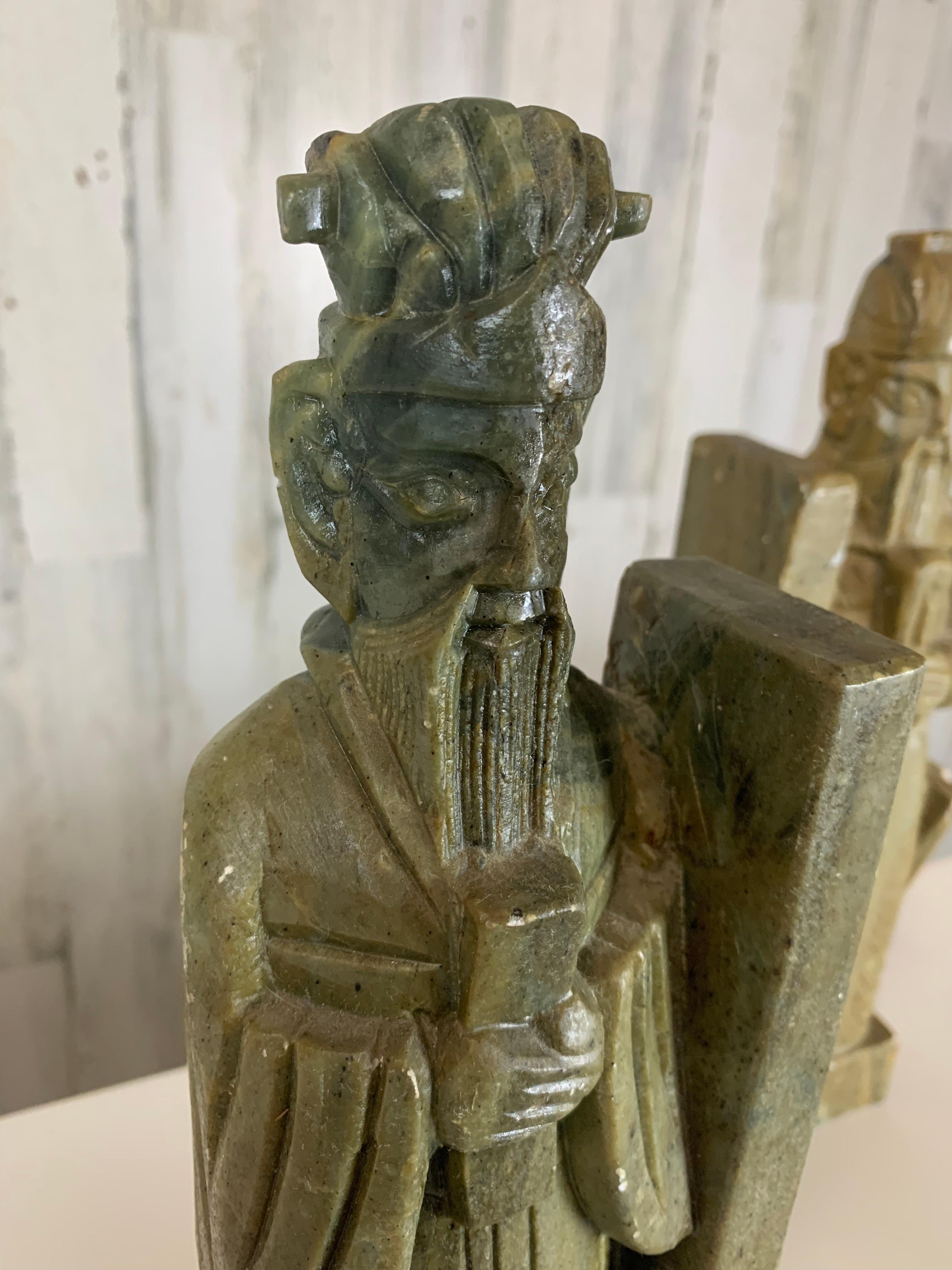 Coppia di fermalibri in pietra ollare scolpita Scholar- Warrior in vendita 9