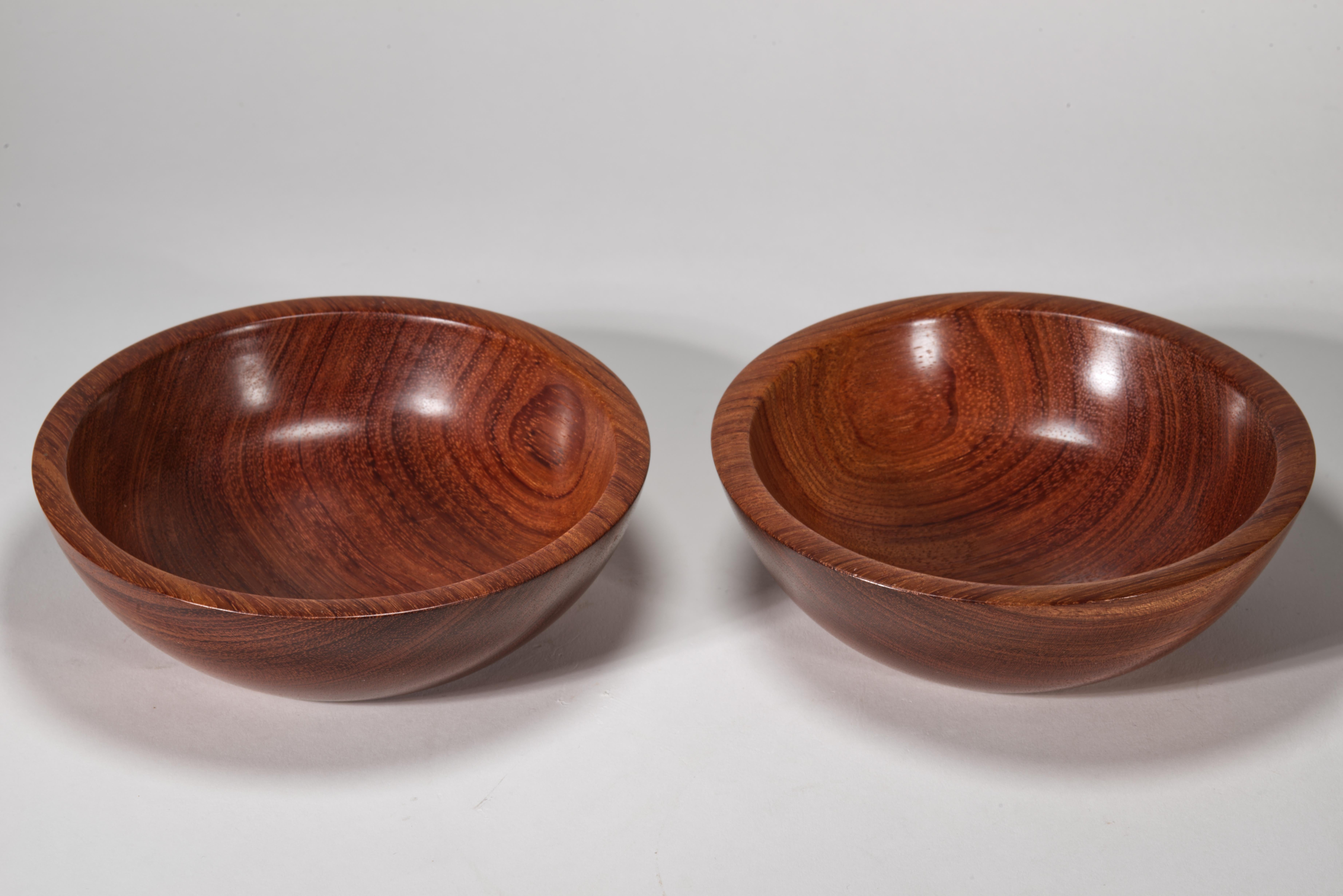 Modern Pair of Carved Solid Bubinga Wood Bowls, Signed For Sale