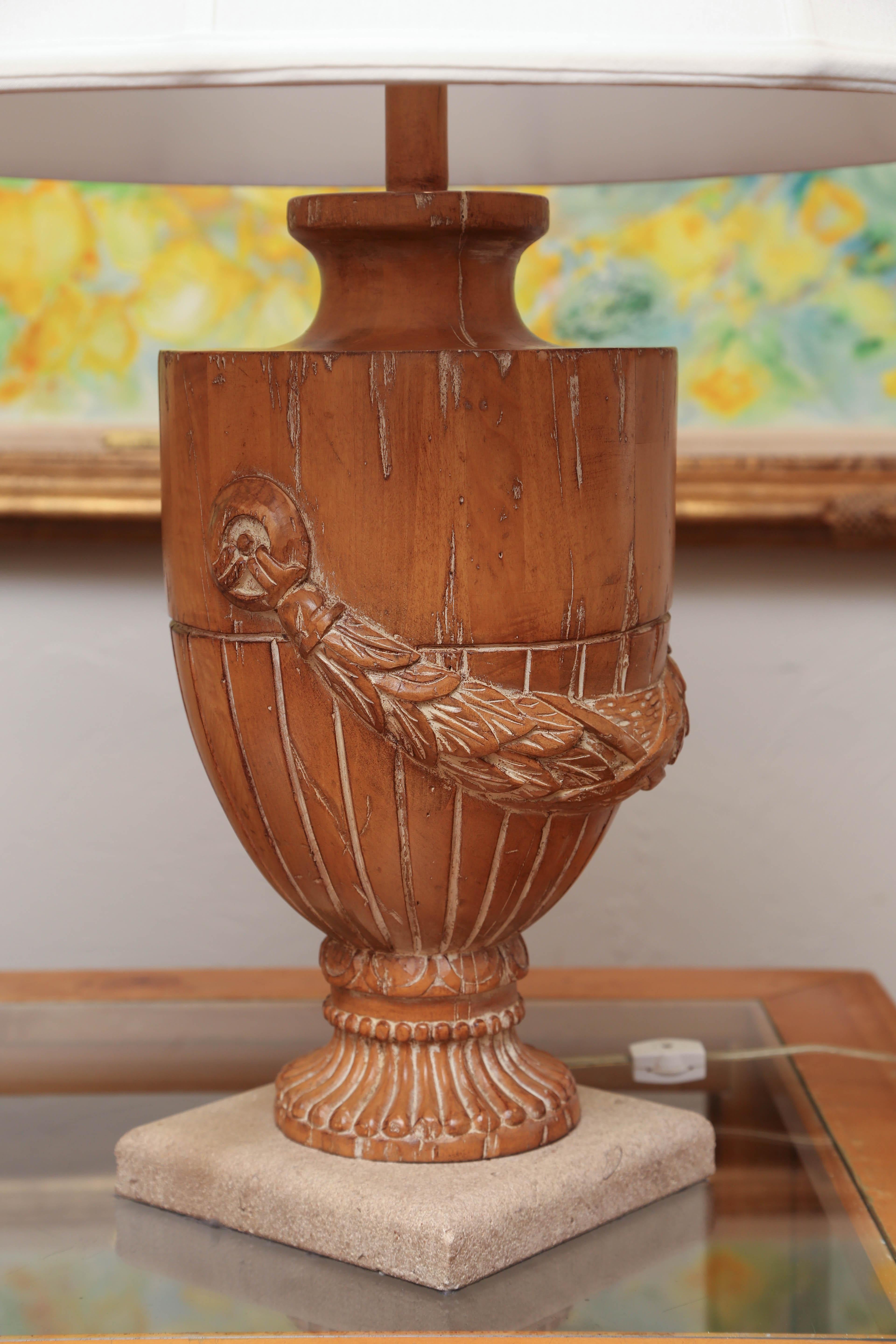 Pair of Carved Solid Wood Urns Mounted as Lamps In Good Condition In West Palm Beach, FL