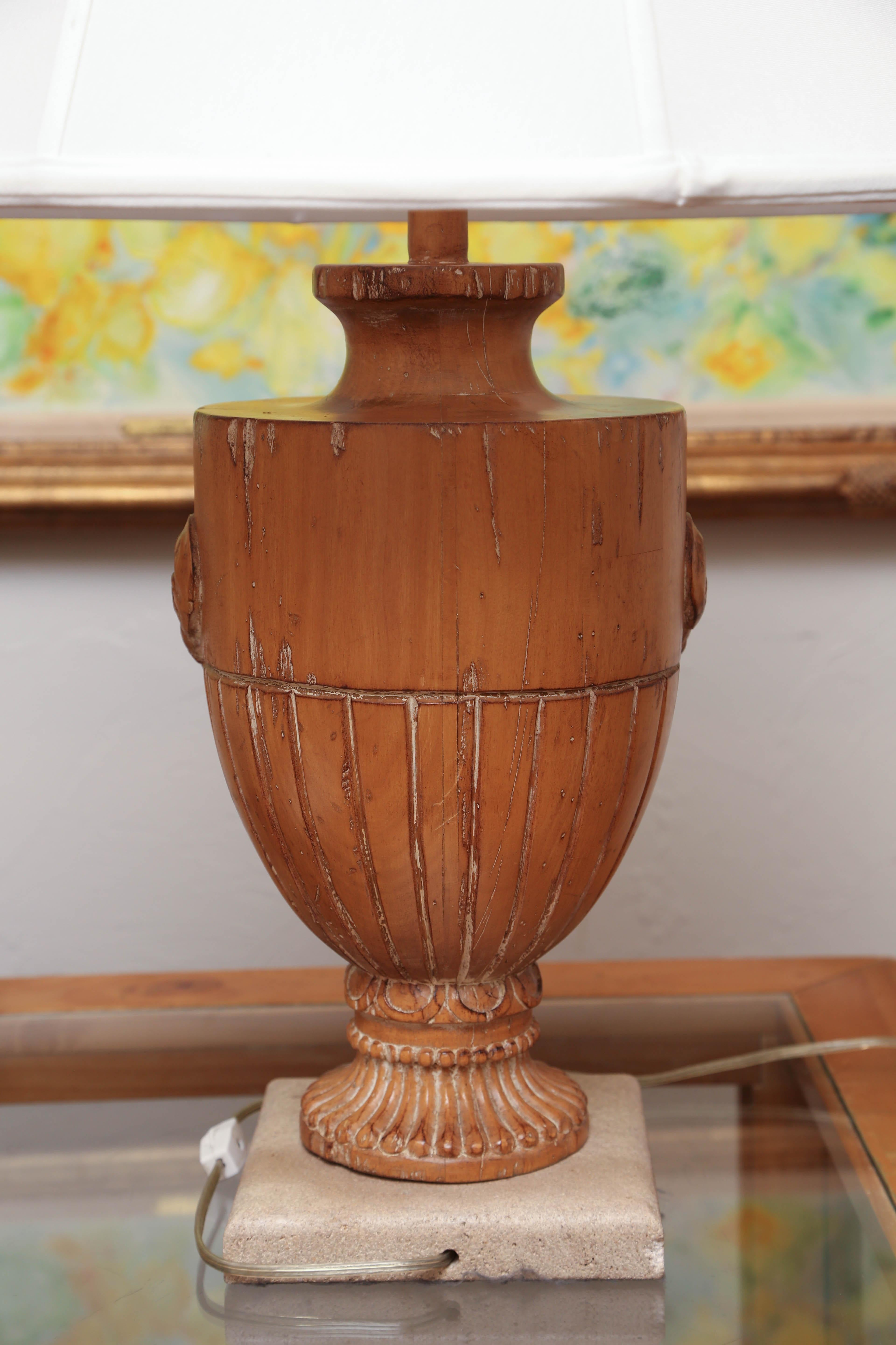 20th Century Pair of Carved Solid Wood Urns Mounted as Lamps