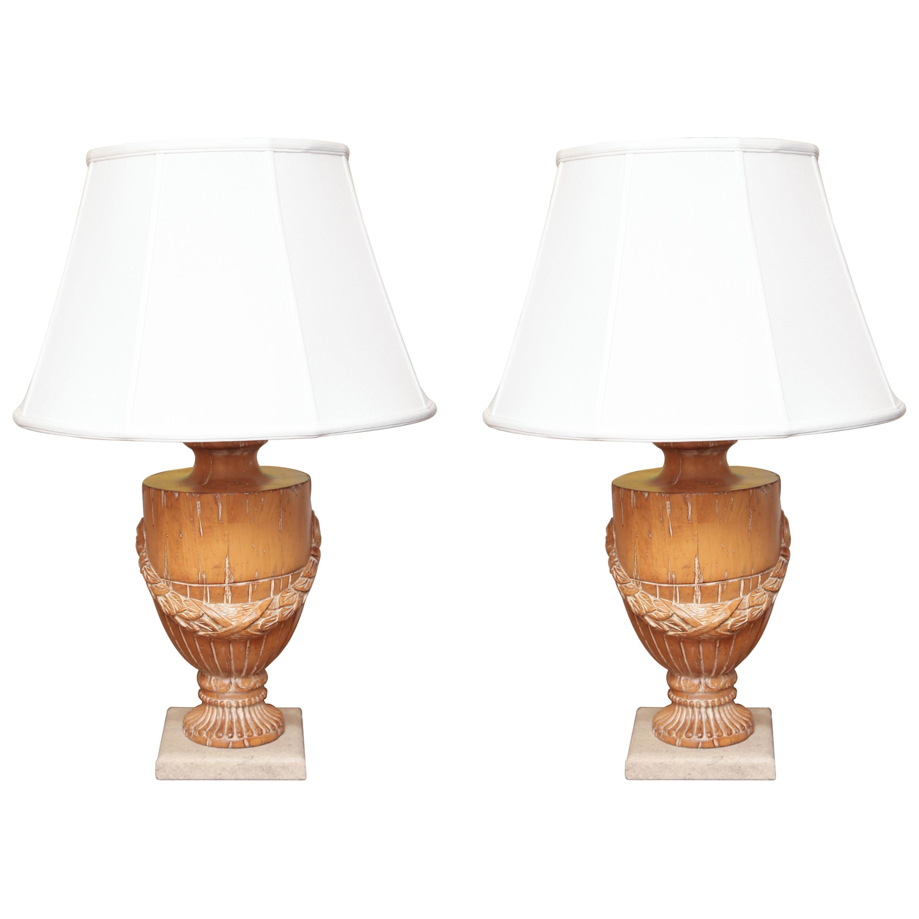 Pair of Carved Solid Wood Urns Mounted as Lamps