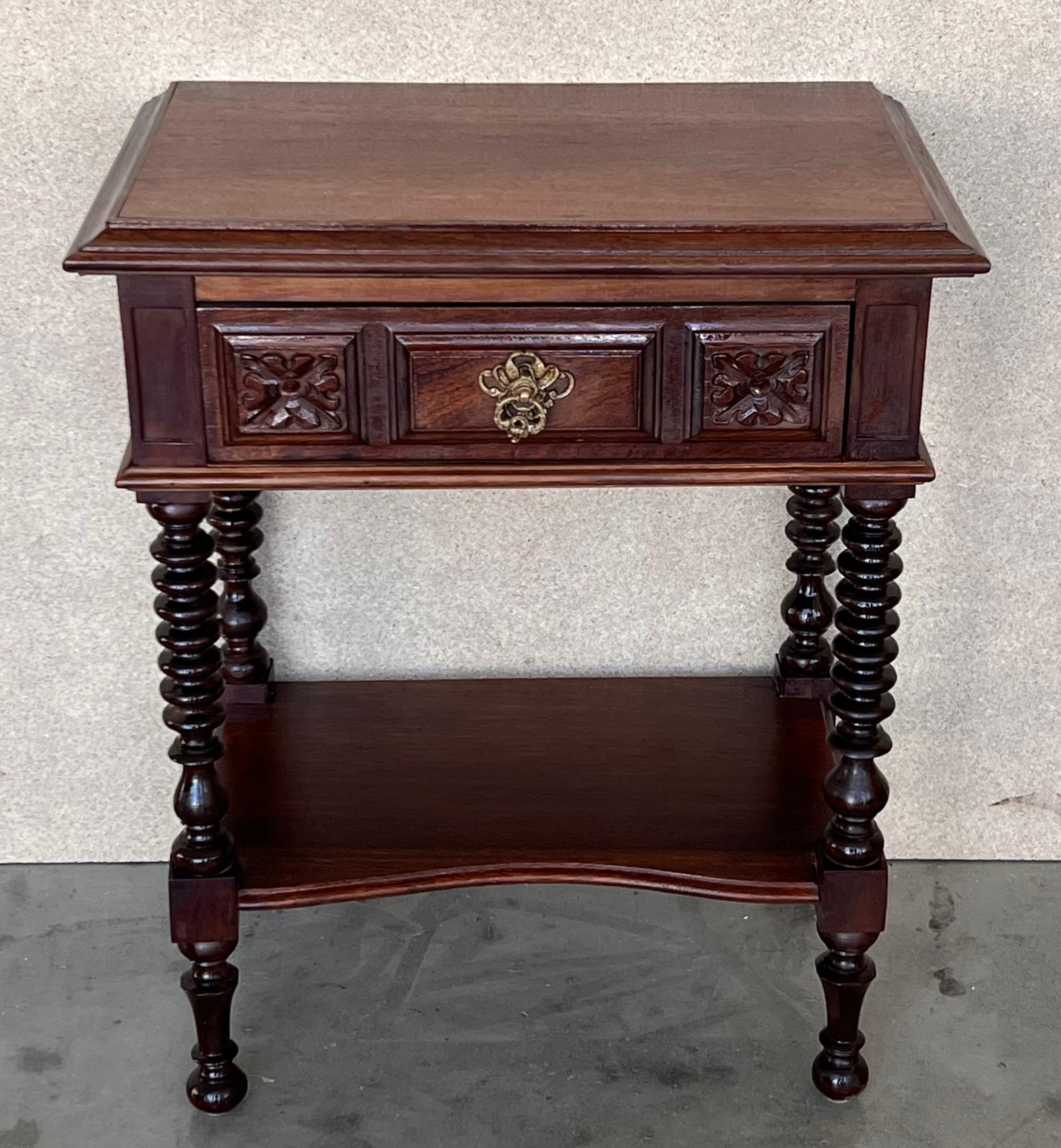 Spanish Colonial Pair of Carved Spanish Nightstands with Low Shelve