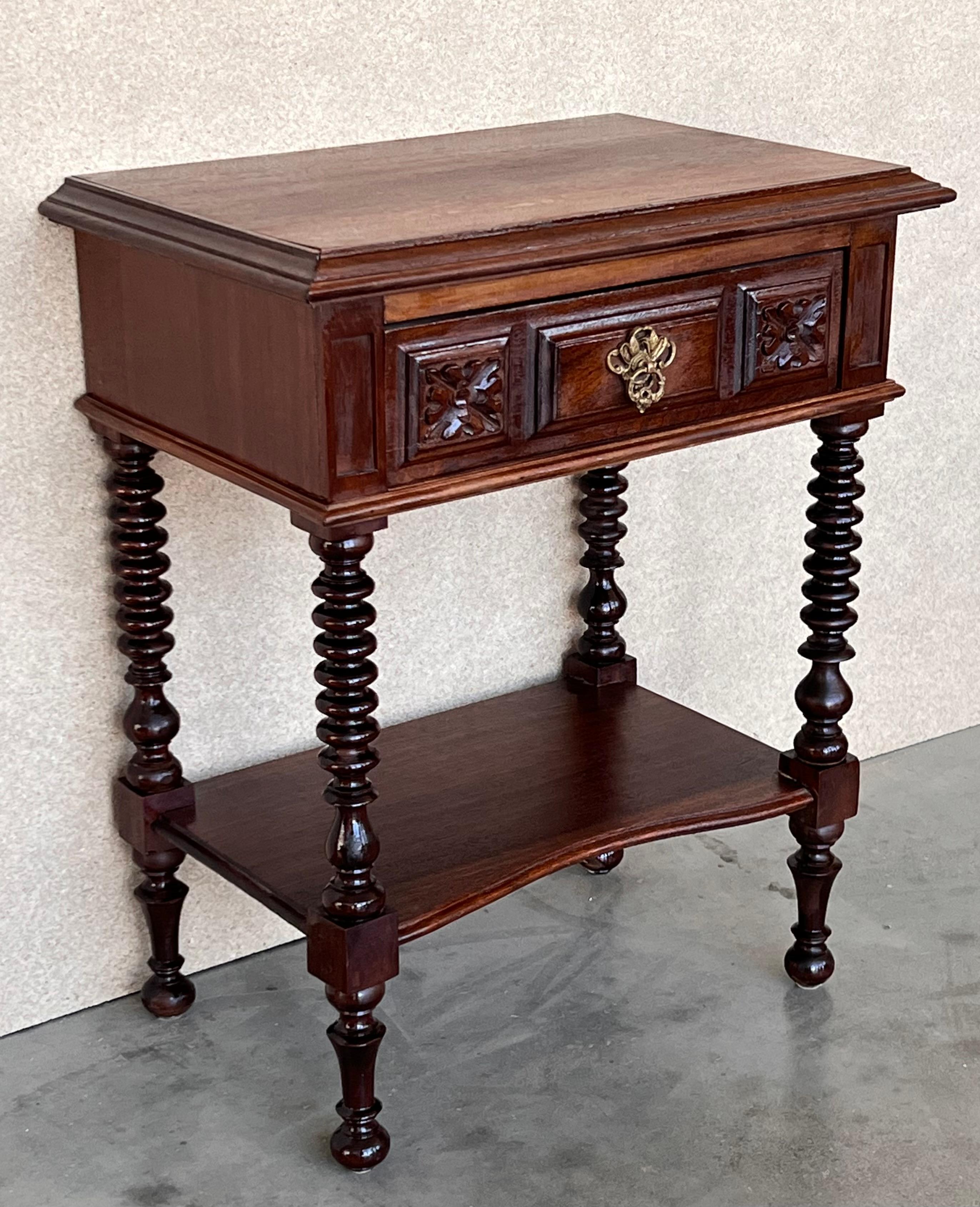 Hand-Carved Pair of Carved Spanish Nightstands with Low Shelve