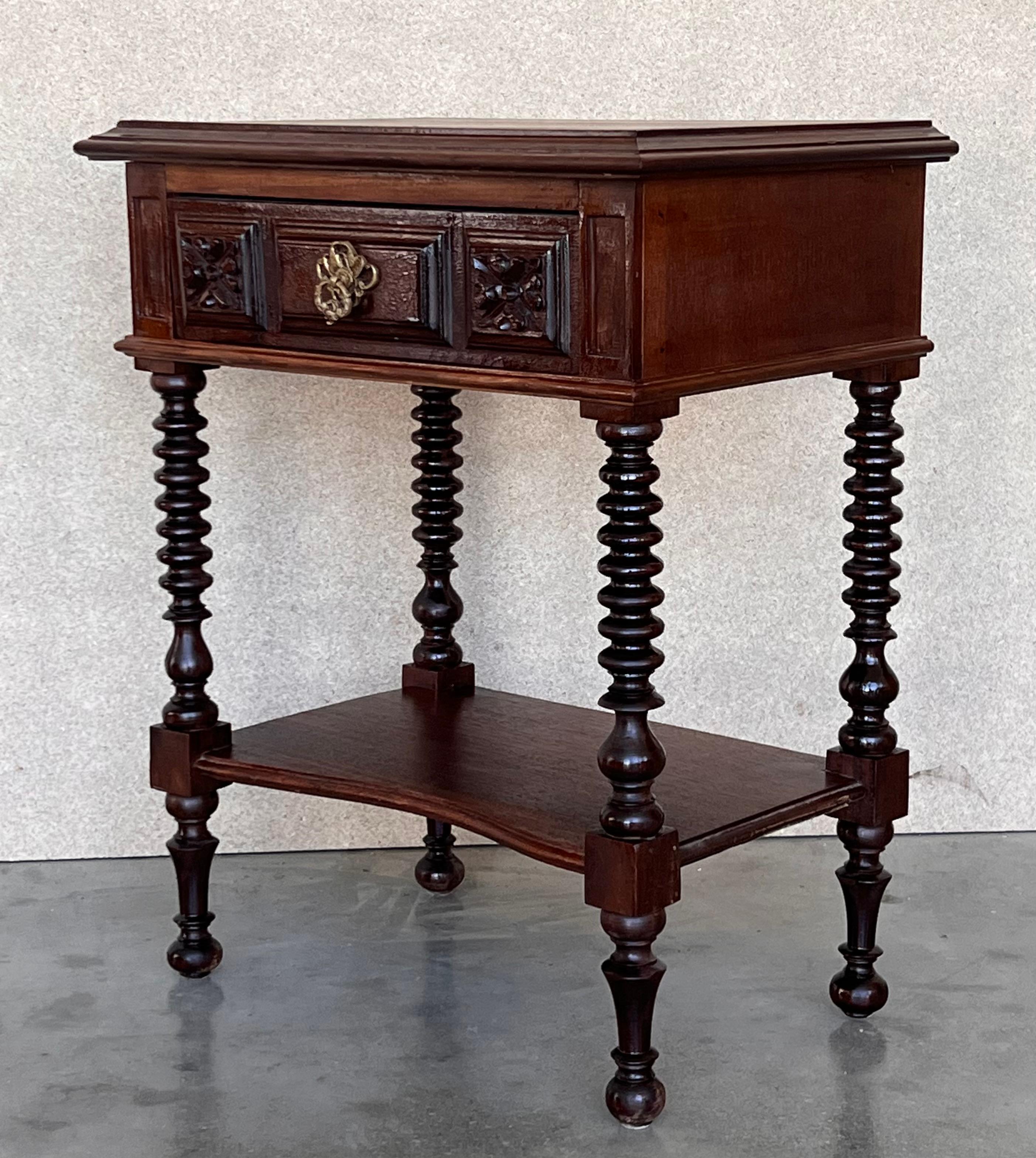 19th Century Pair of Carved Spanish Nightstands with Low Shelve