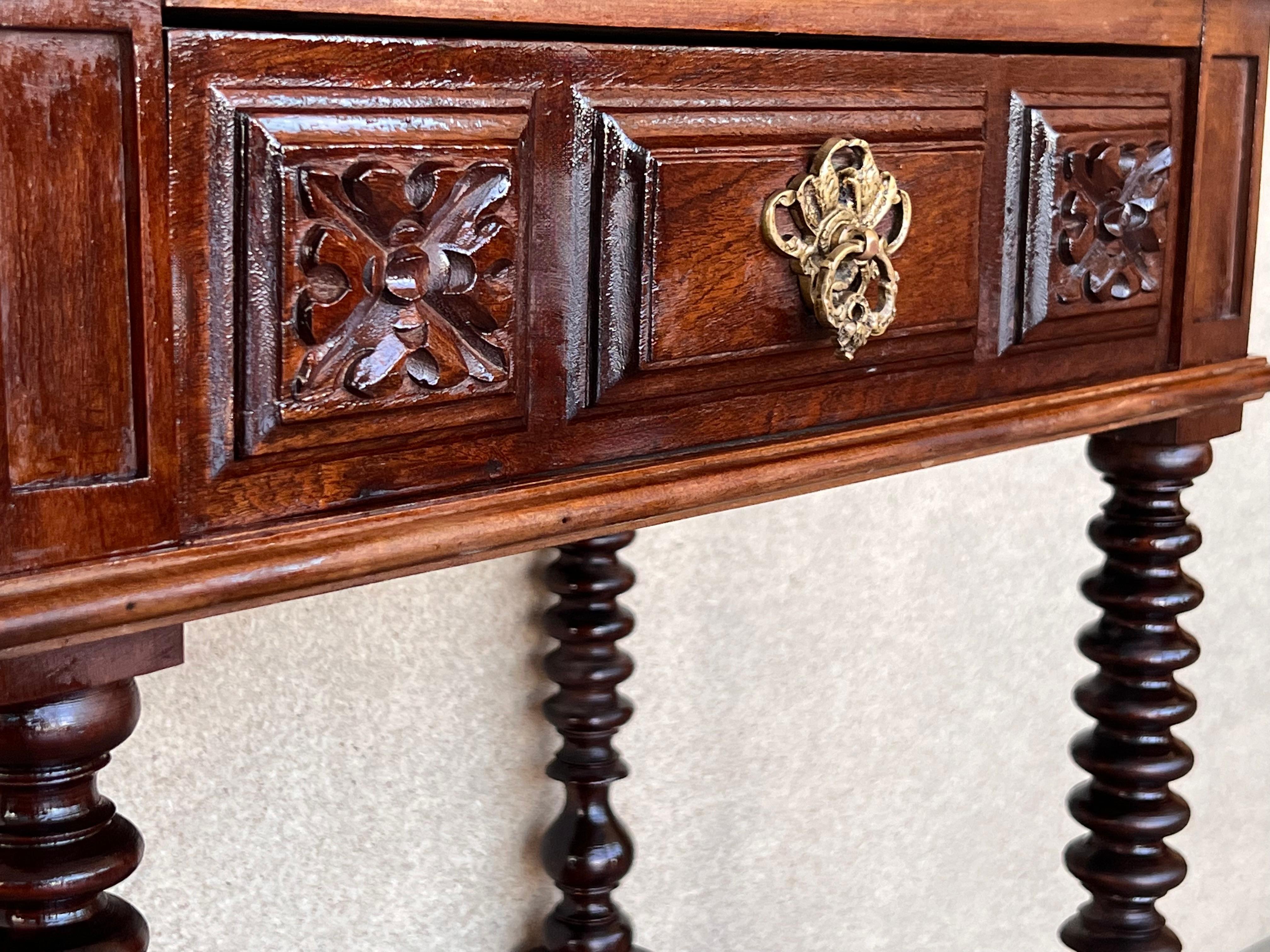 Walnut Pair of Carved Spanish Nightstands with Low Shelve