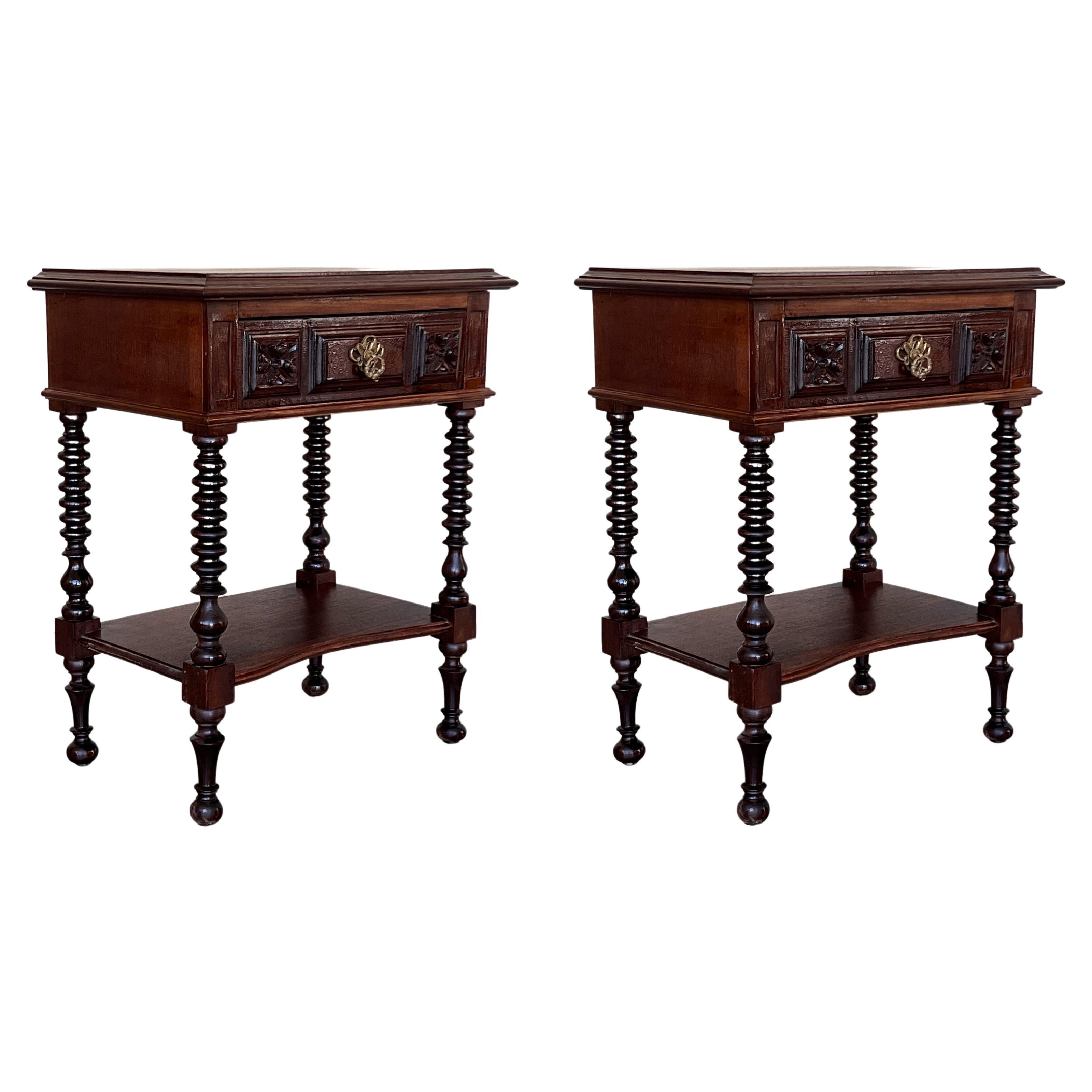 Pair of Carved Spanish Nightstands with Low Shelve