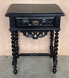 Pair of Carved Spanish Nightstands with Solomonic Columns and Drawer in Black