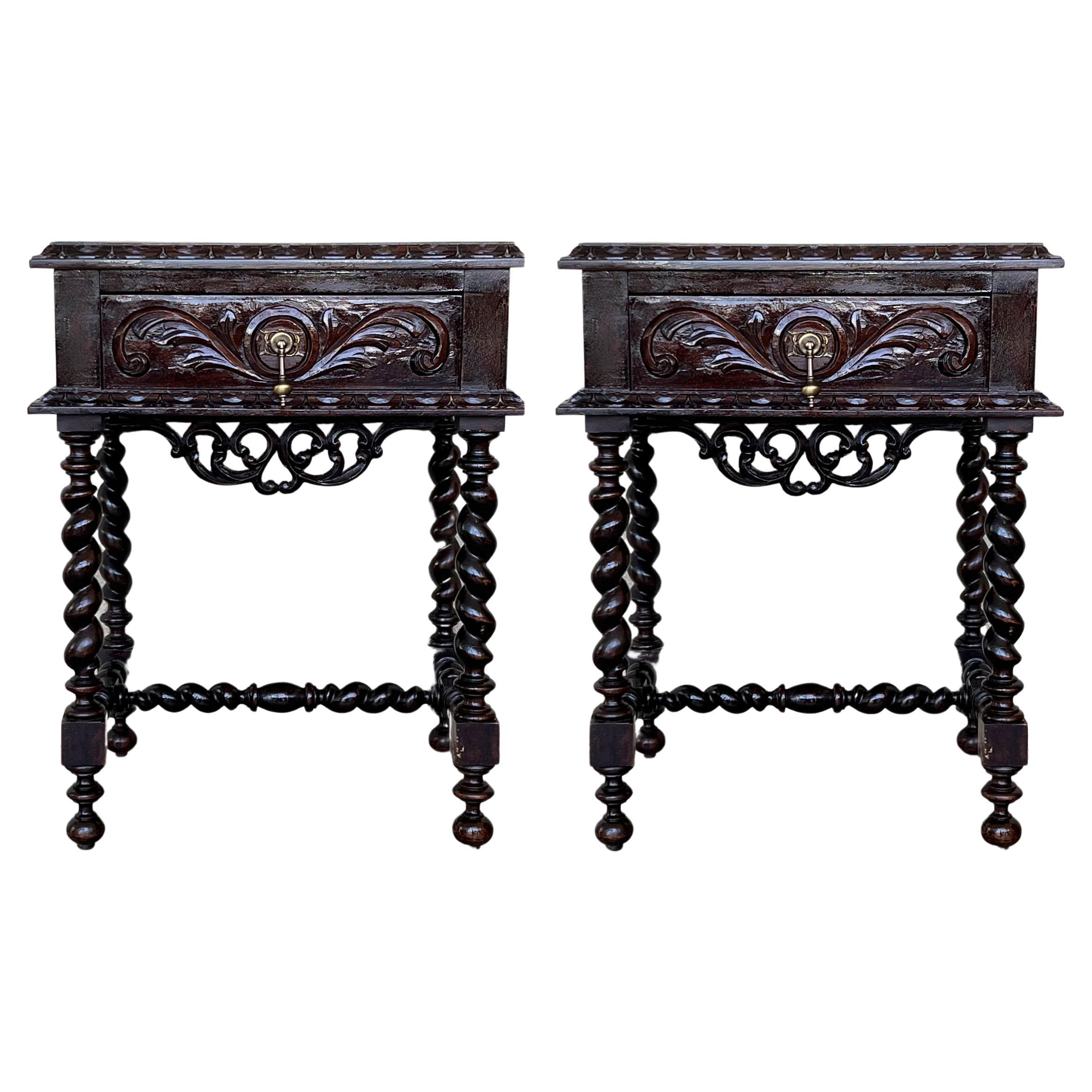 Pair of Carved Spanish Nightstands with Solomonic Columns and Drawer in Black