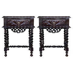 Used Pair of Carved Spanish Nightstands with Solomonic Columns and Drawer in Black