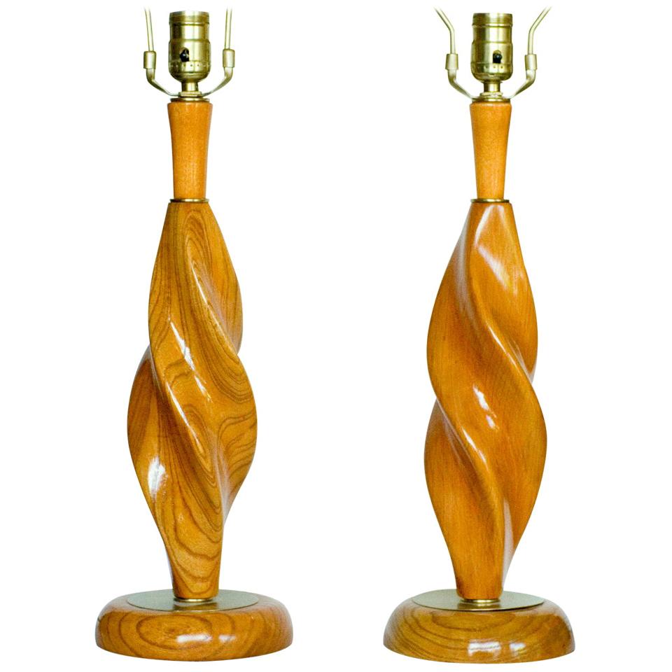 Pair of Carved Spiral Midcentury Lamps