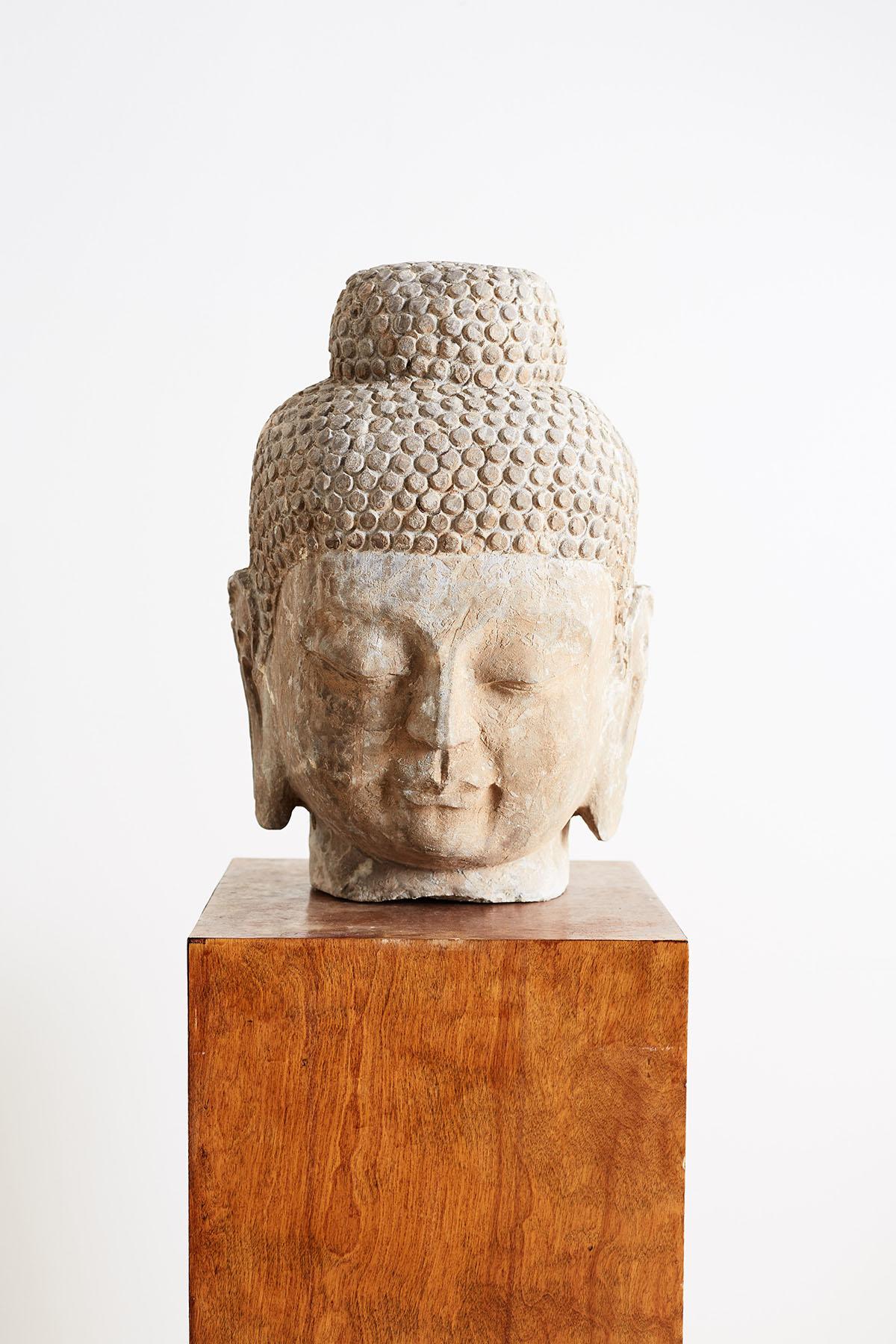 Hand-Carved Pair of Carved Stone Burmese Buddha Heads