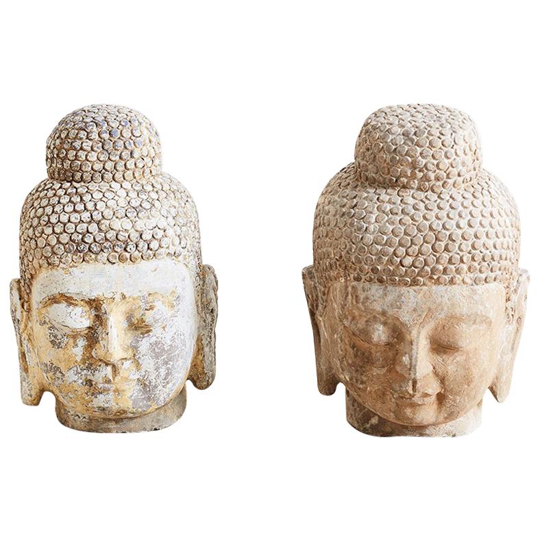 Pair of Carved Stone Burmese Buddha Heads
