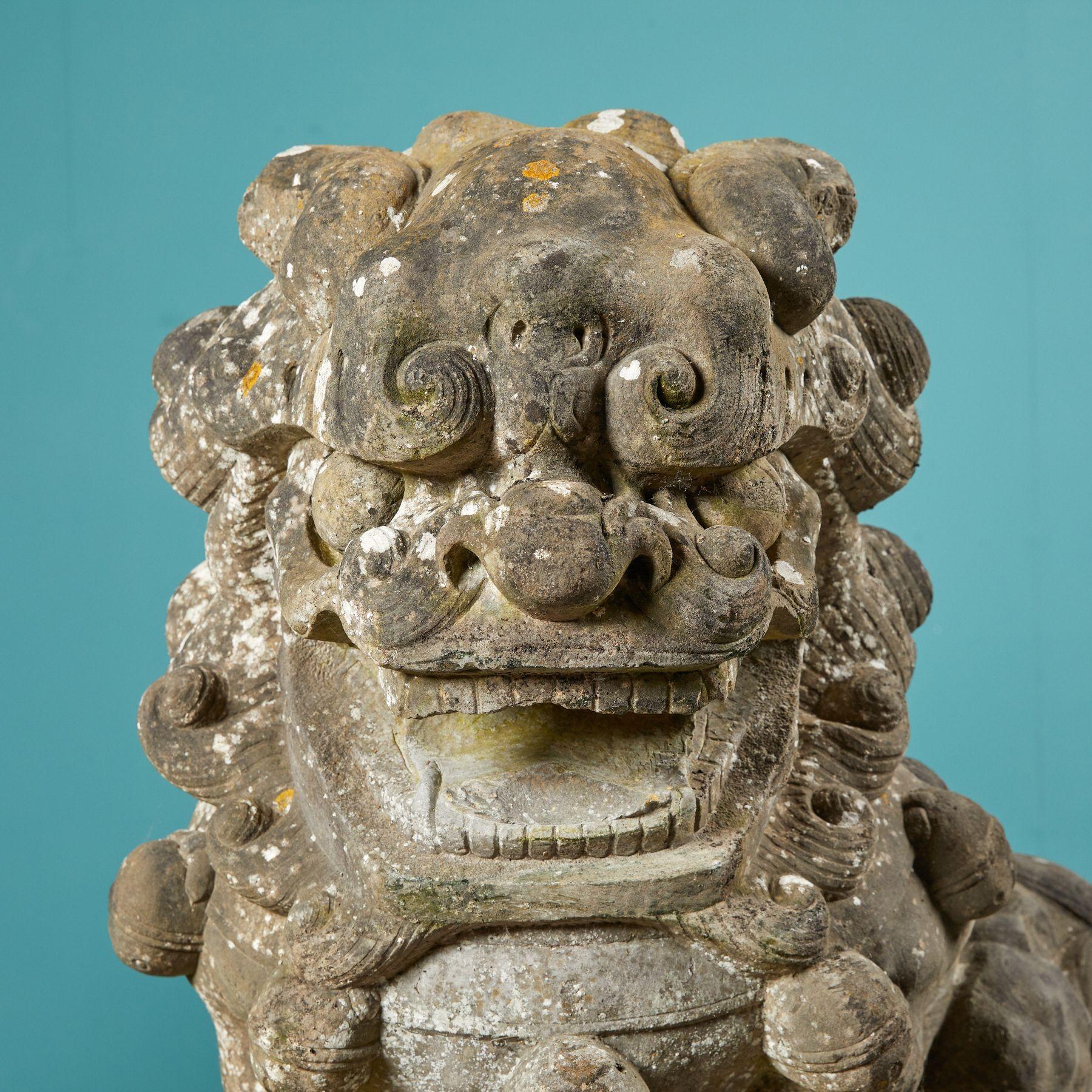 Pair of Carved Stone Chinese Guardian Lion Statues In Good Condition For Sale In Wormelow, Herefordshire