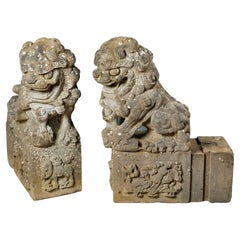 Antique Pair of Carved Stone Chinese Guardian Lion Statues