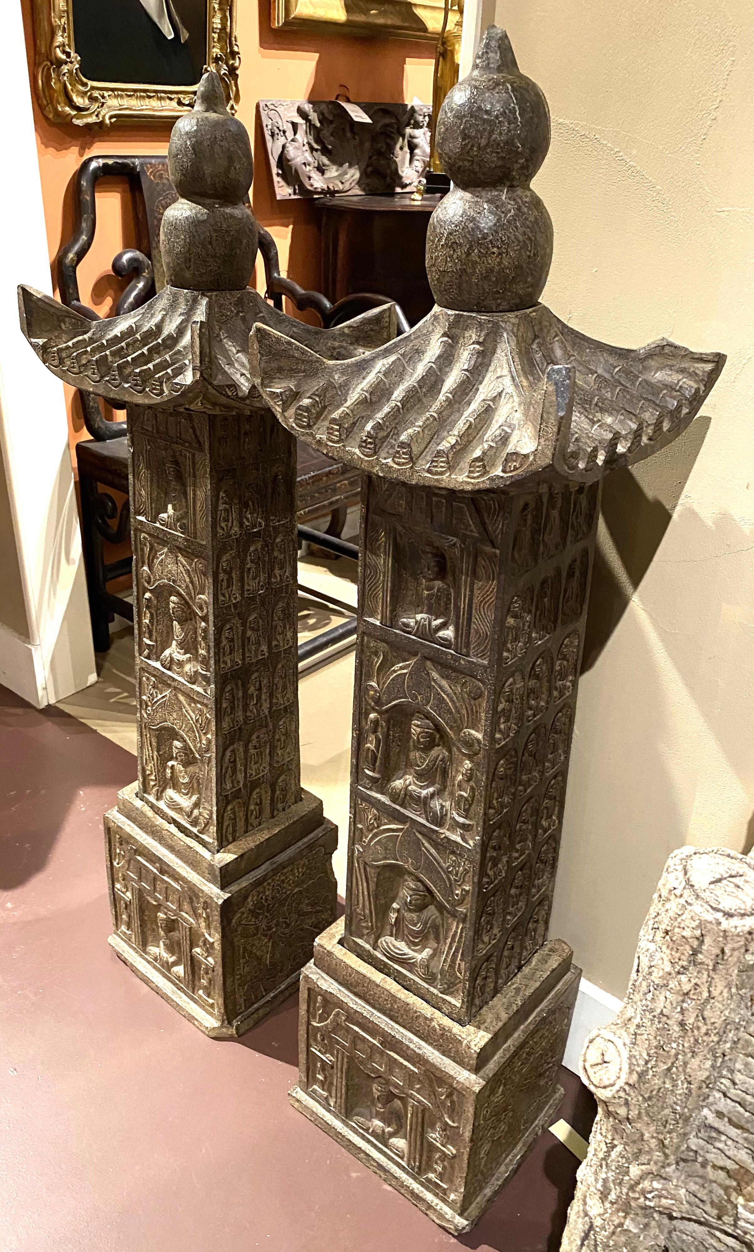 Hand-Carved Pair of Carved Stone Chinese Pagodas with Figural Decoration For Sale