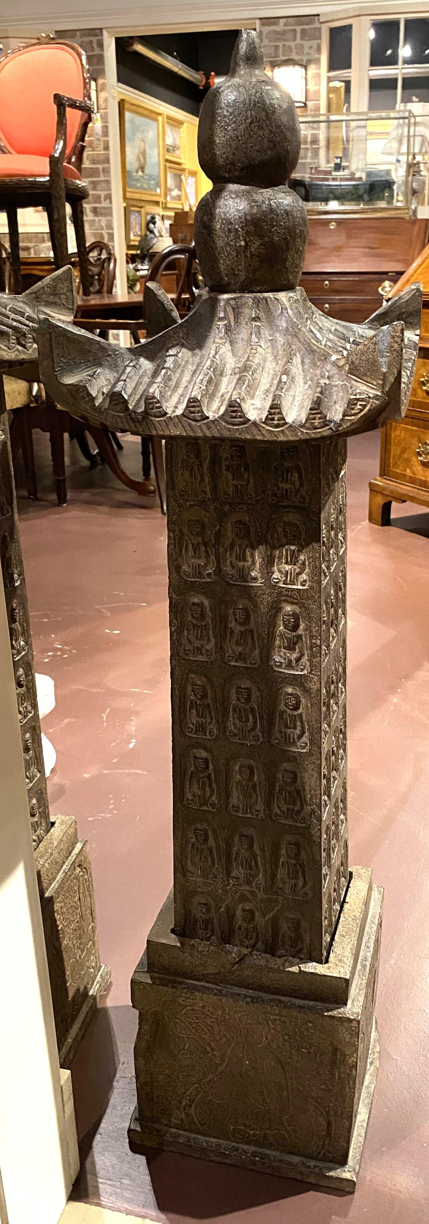 Pair of Carved Stone Chinese Pagodas with Figural Decoration In Good Condition For Sale In Milford, NH