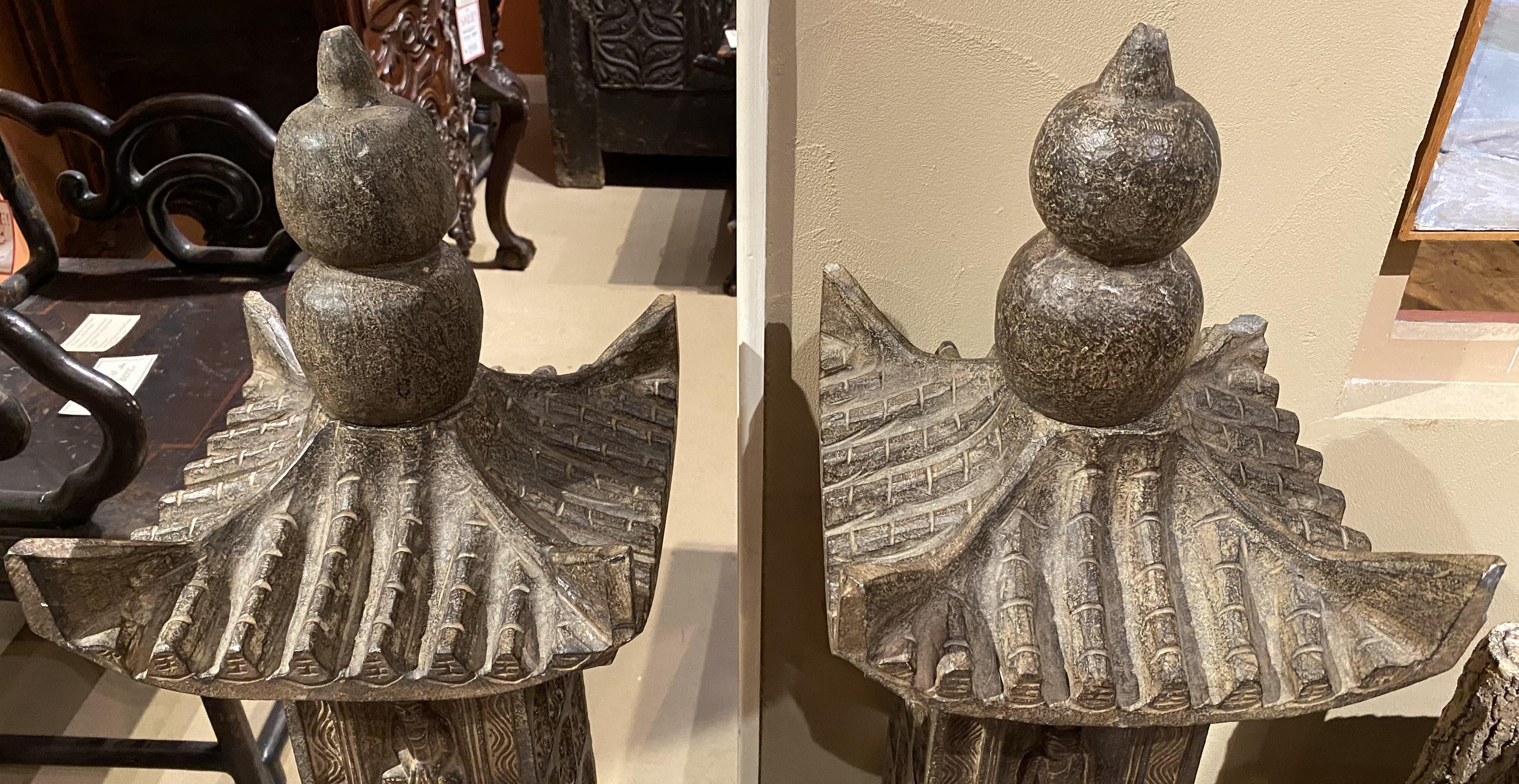 20th Century Pair of Carved Stone Chinese Pagodas with Figural Decoration For Sale
