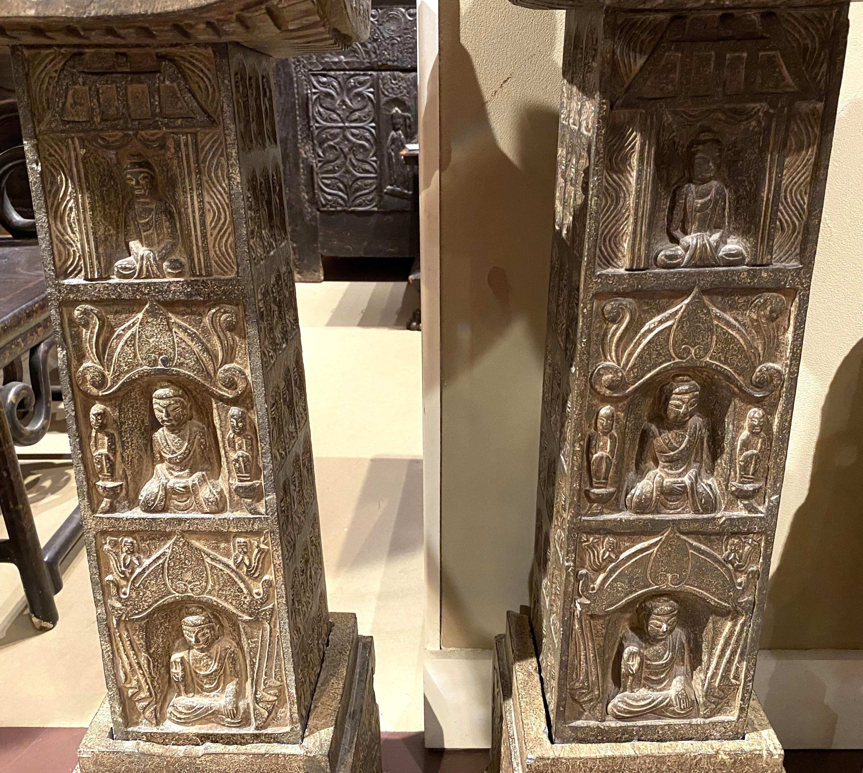Pair of Carved Stone Chinese Pagodas with Figural Decoration For Sale 1
