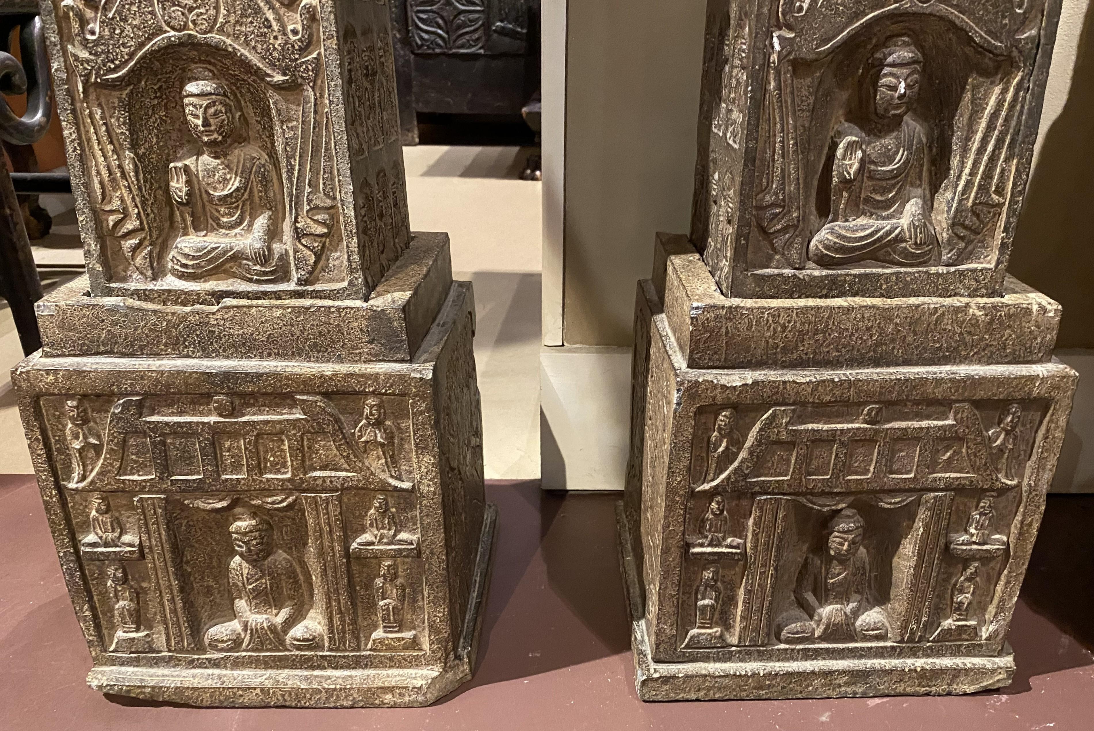 Pair of Carved Stone Chinese Pagodas with Figural Decoration For Sale 2