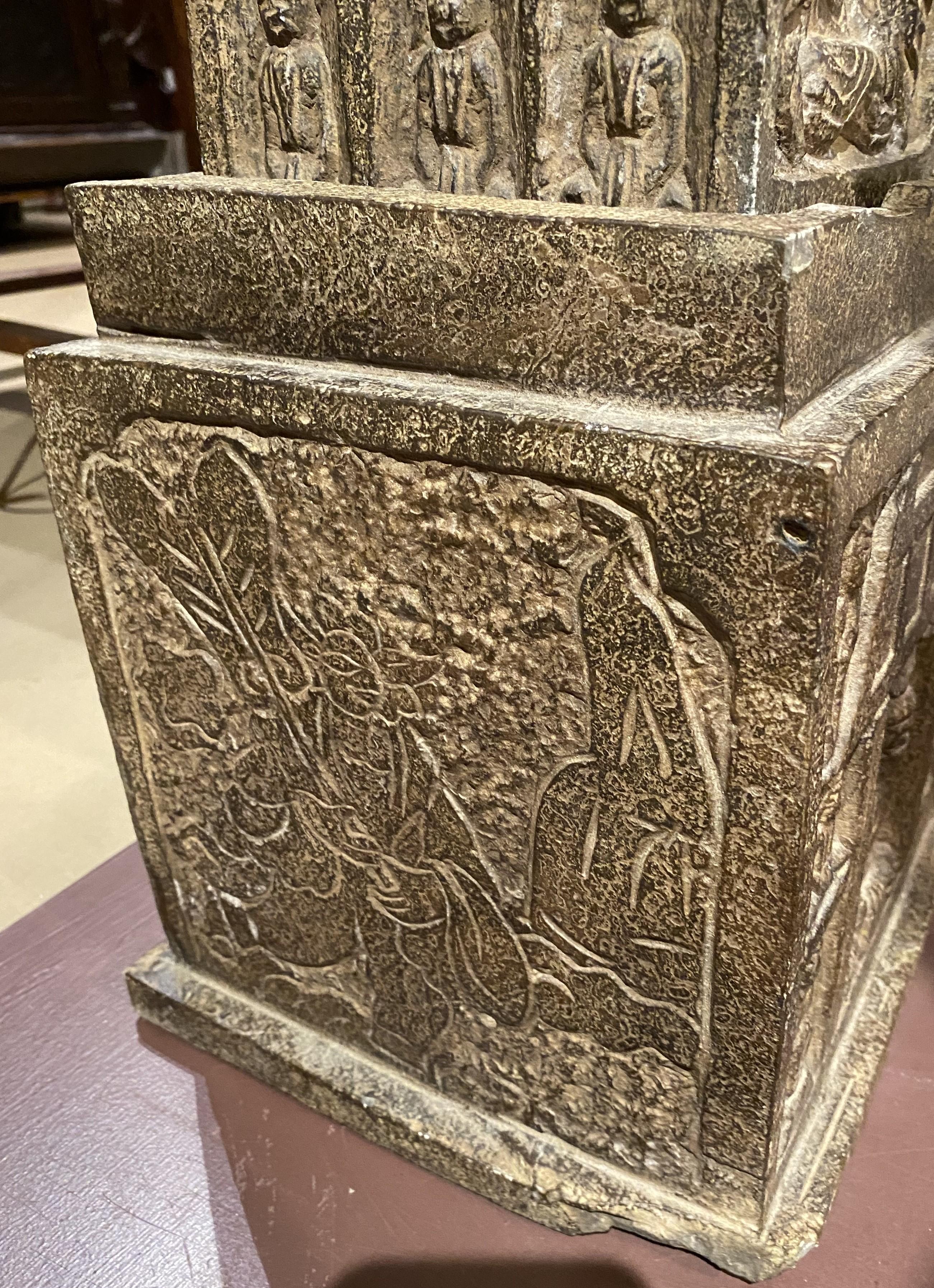 Pair of Carved Stone Chinese Pagodas with Figural Decoration For Sale 4