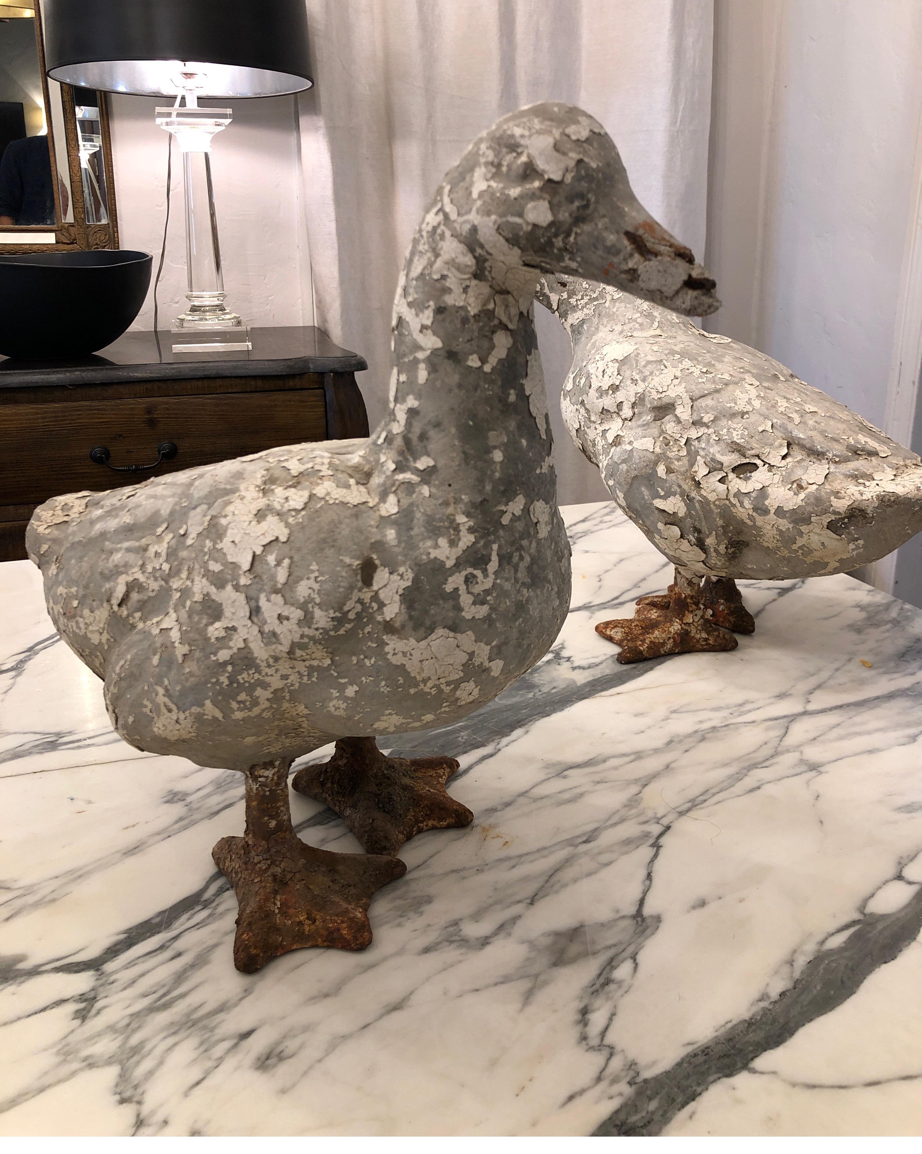 Pair of Carved Stone Ducks with Iron Webbed Feet, circa 1930s 2