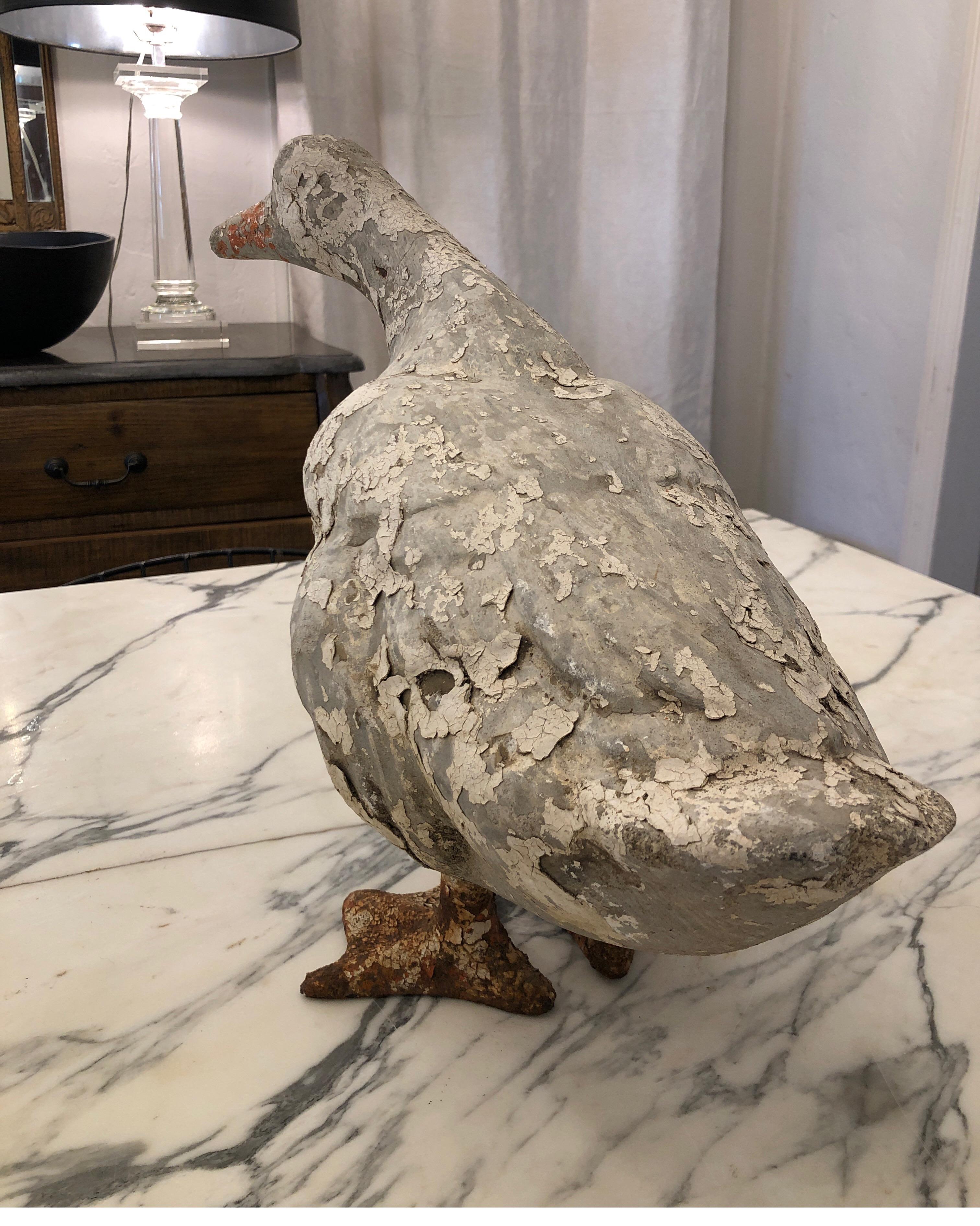 Pair of Carved Stone Ducks with Iron Webbed Feet, circa 1930s In Distressed Condition In Los Angeles, CA