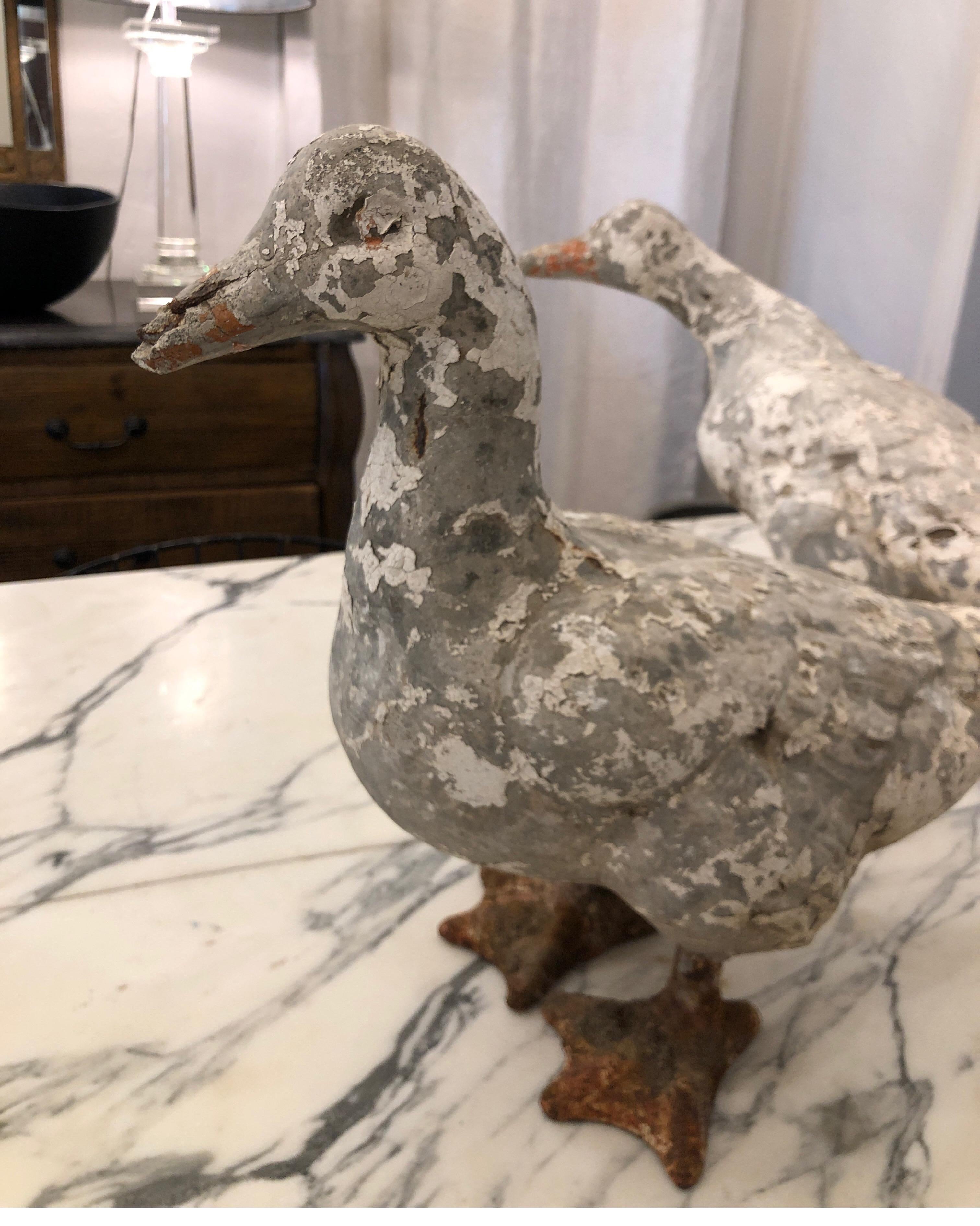 Pair of Carved Stone Ducks with Iron Webbed Feet, circa 1930s 1