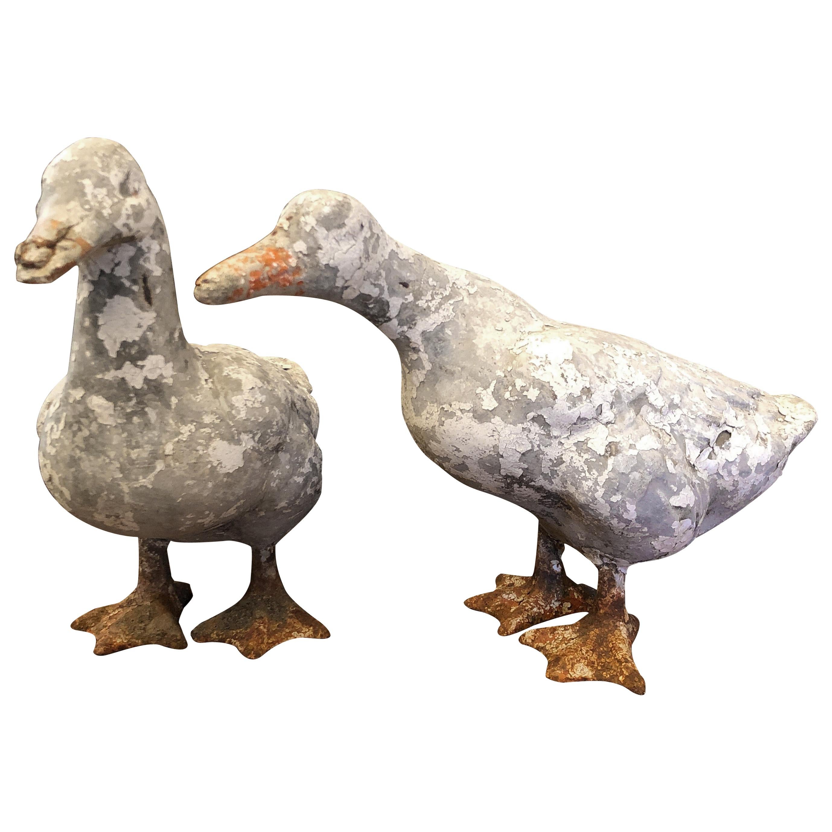 Pair of Carved Stone Ducks with Iron Webbed Feet, circa 1930s