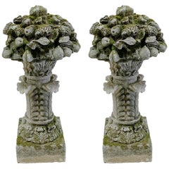 Pair of Carved Stone Floral Bouquets on Plinths, Italy, circa 1880