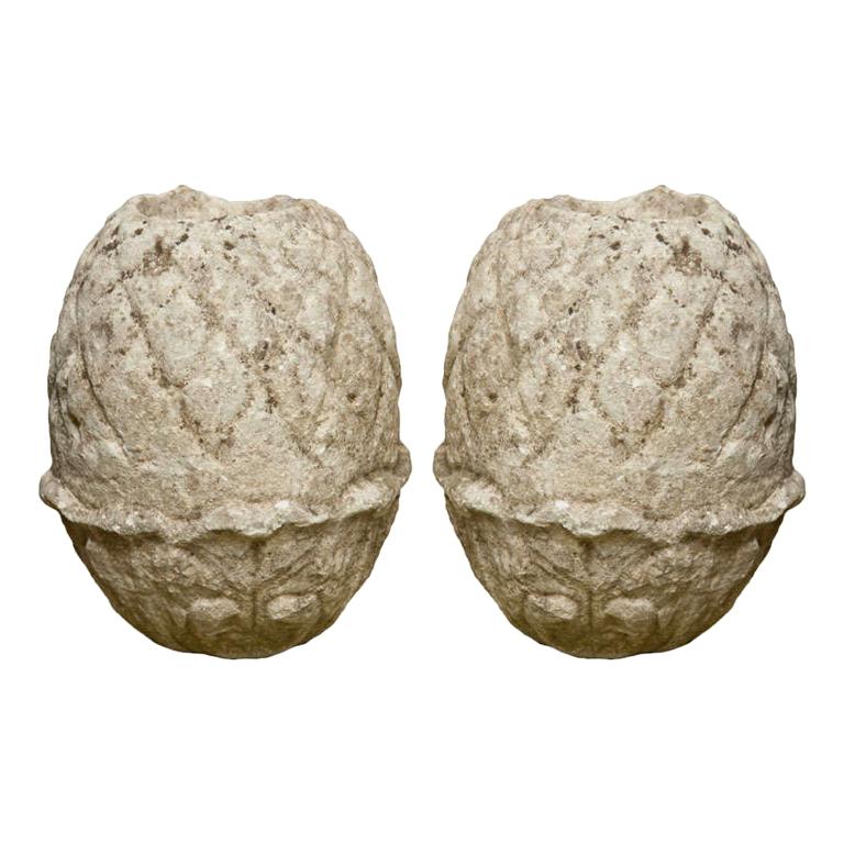 Pair of Carved Stone Pineapple Finials For Sale