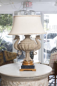 Pair of Monumental Carved Stone Sea Horse Urn Lamps