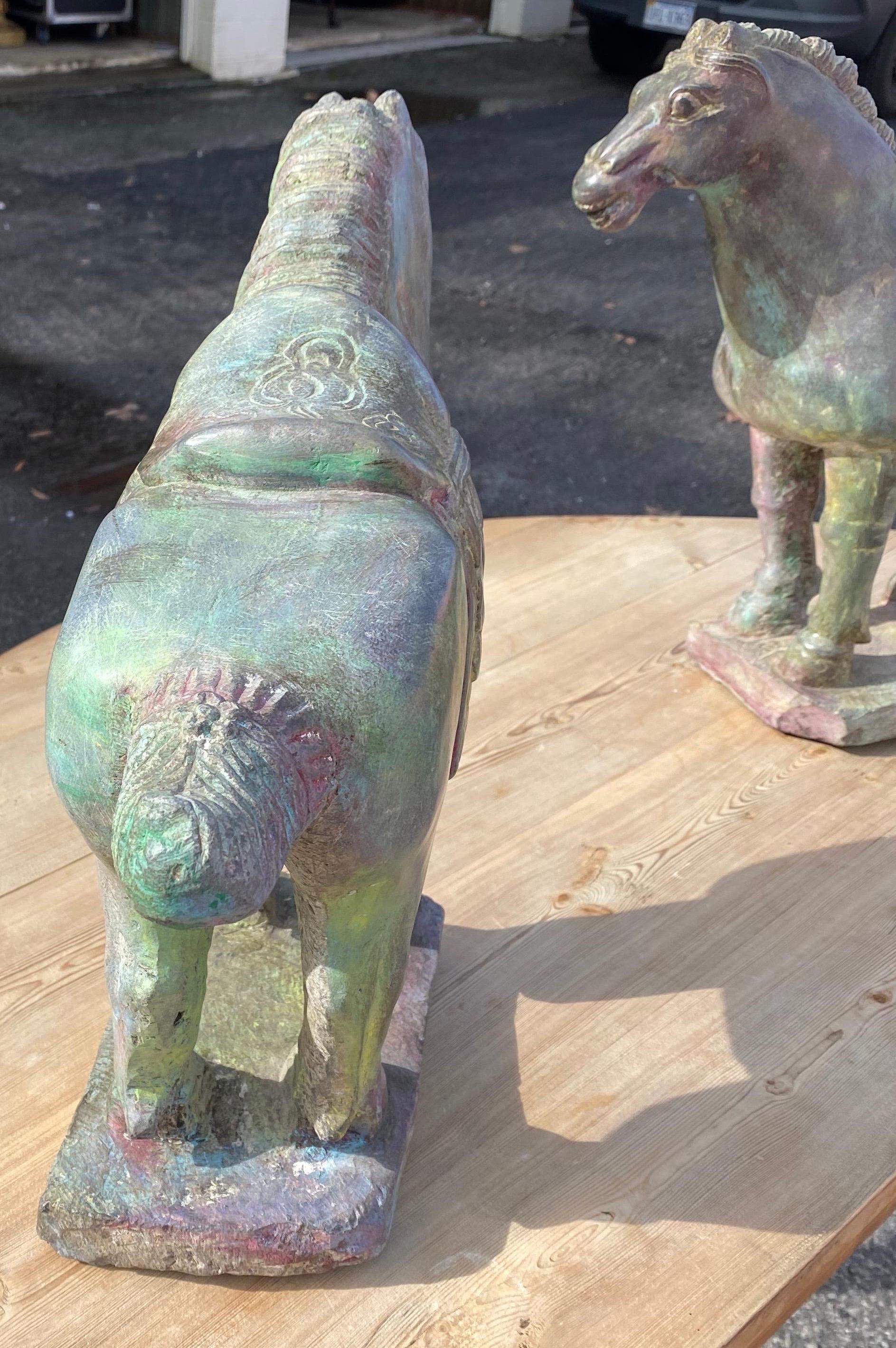 Pair of Carved Stone Tang Horses In Good Condition For Sale In Charleston, SC