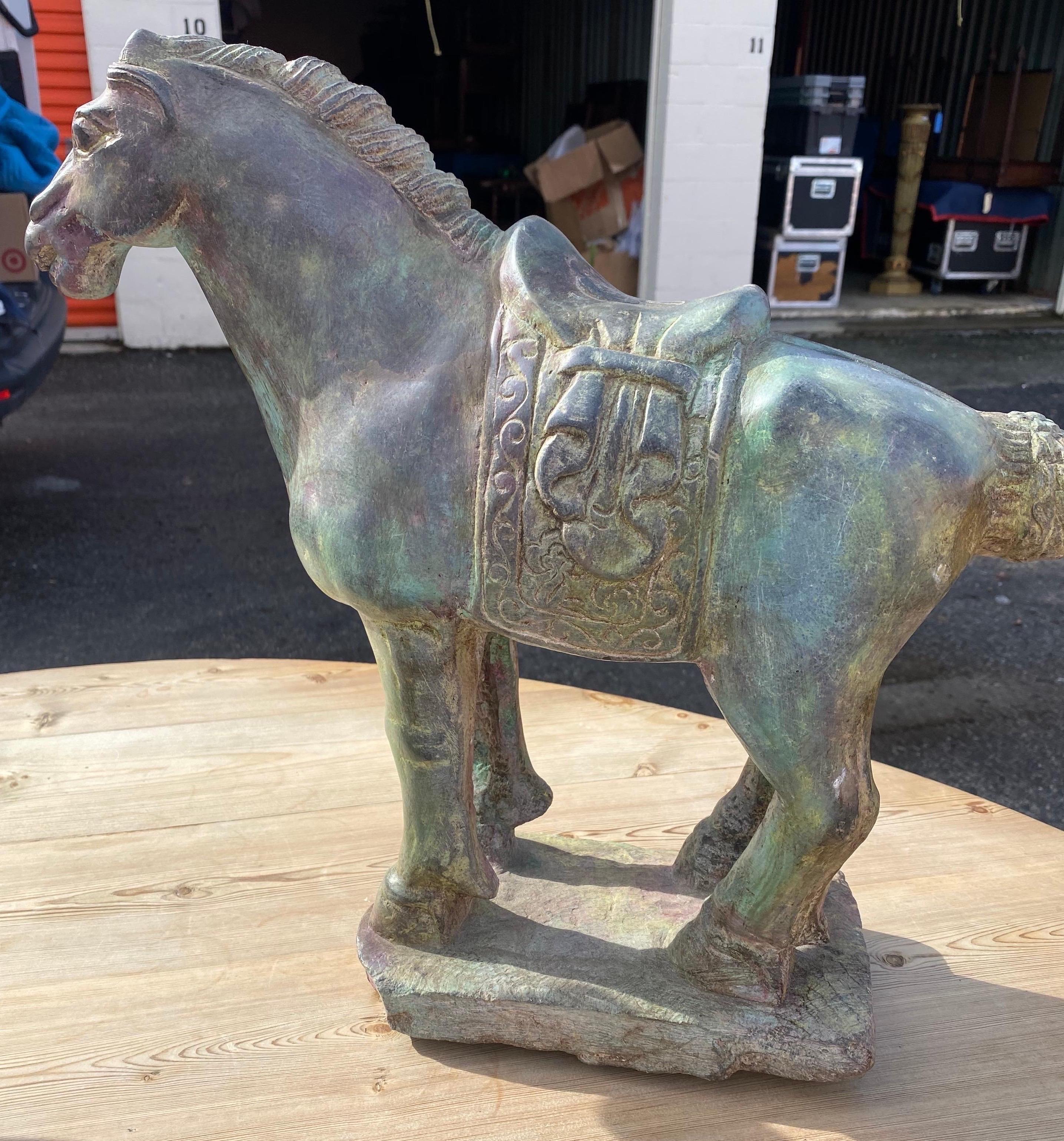 20th Century Pair of Carved Stone Tang Horses For Sale