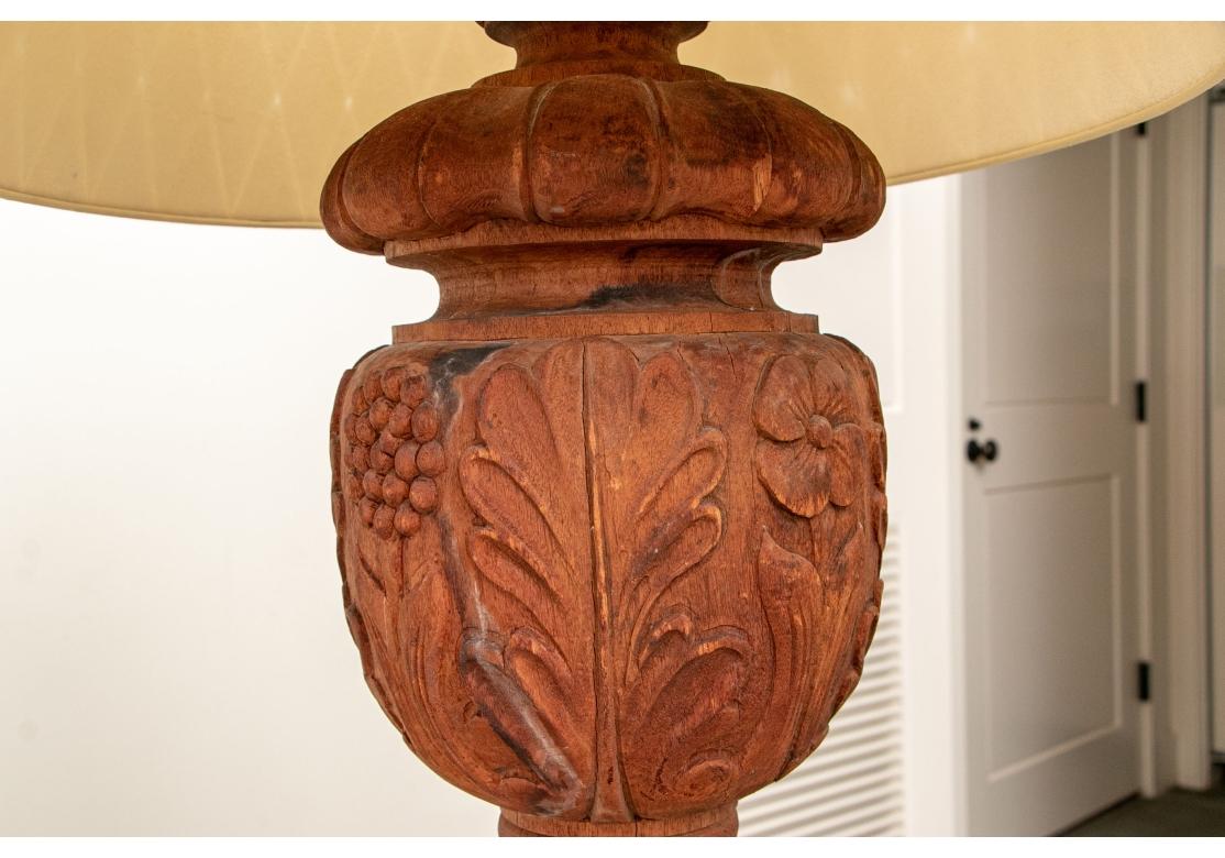 Rustico Pair Of Carved Teak Lamps With Woven Paper Shades in vendita