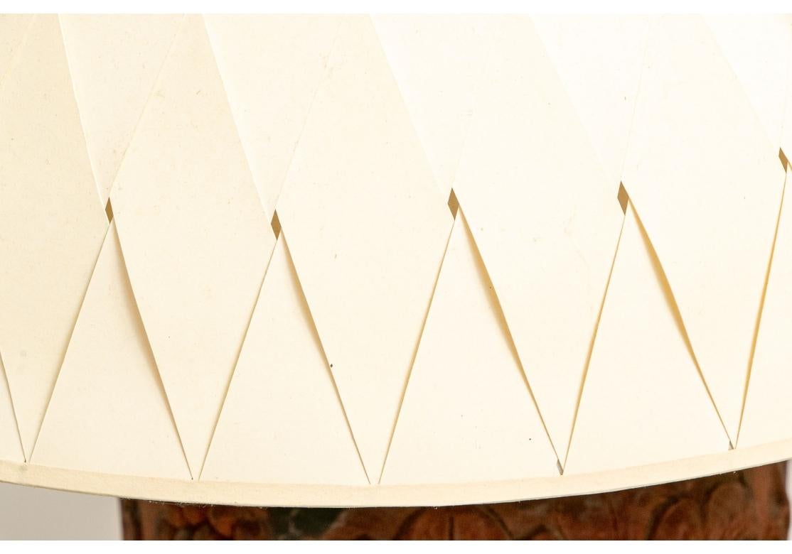 Sconosciuto Pair Of Carved Teak Lamps With Woven Paper Shades in vendita