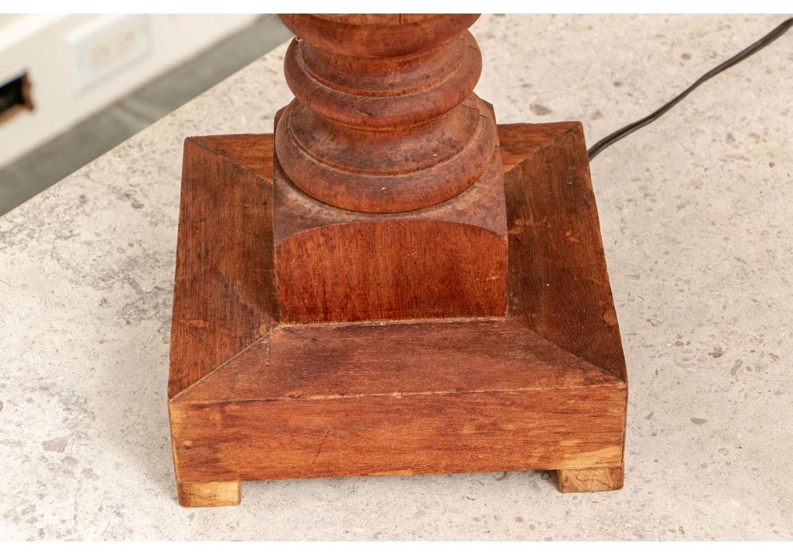 Pair Of Carved Teak Lamps With Woven Paper Shades in vendita 1