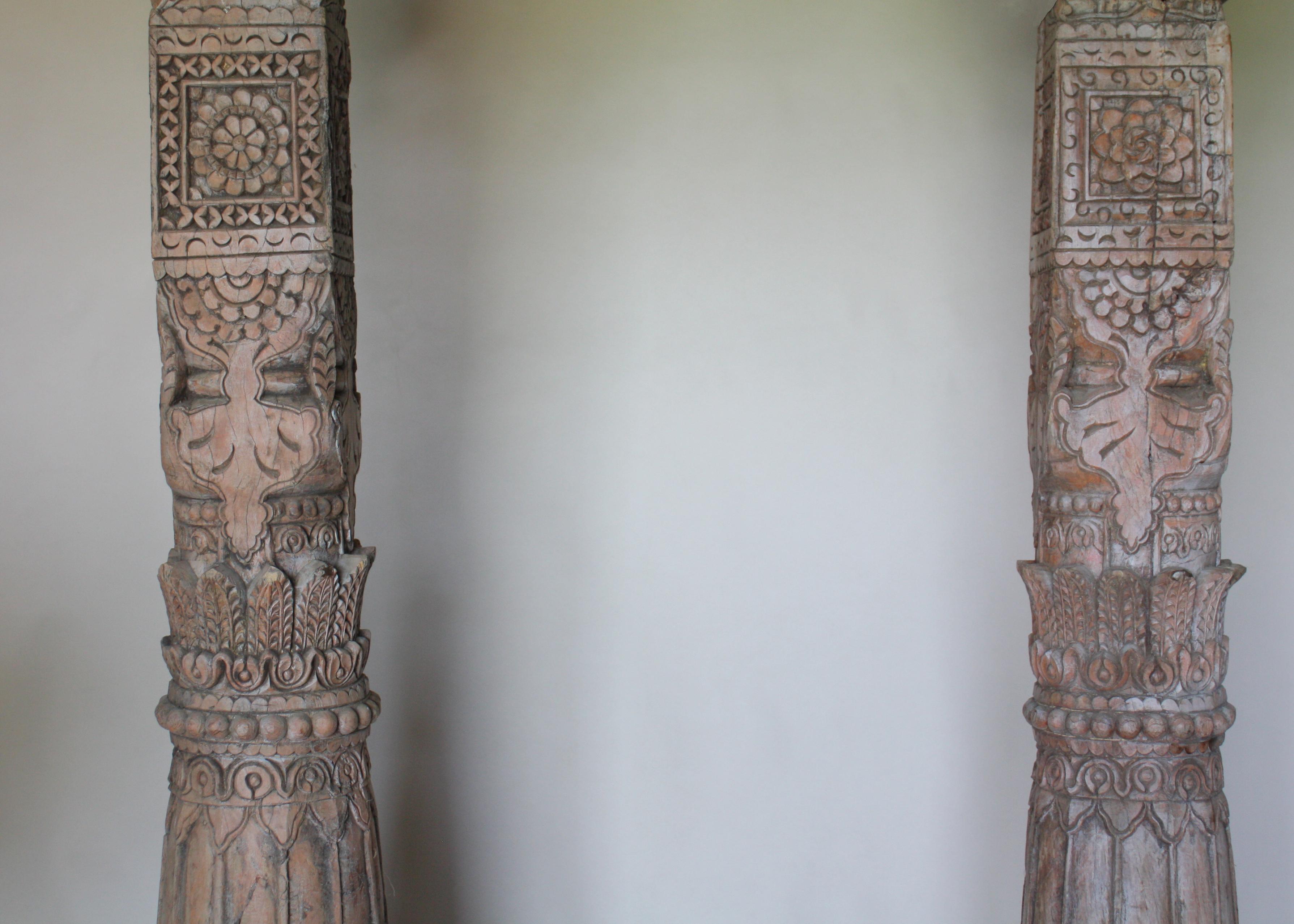 Anglo Raj Pair of Carved Teak Wood Columns For Sale